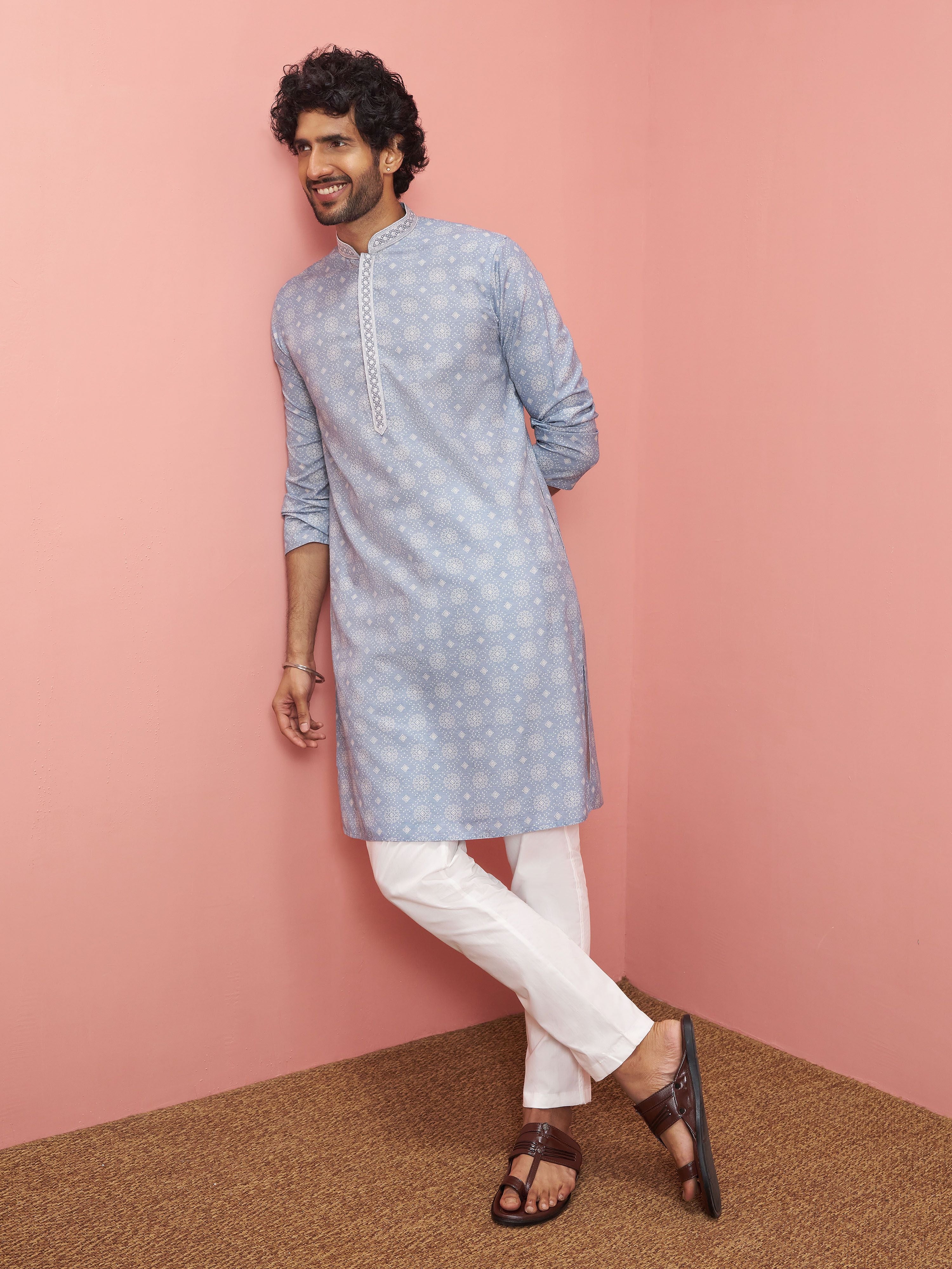Men's Grey Cotton-Linen Digital Print Knee Length Kurta