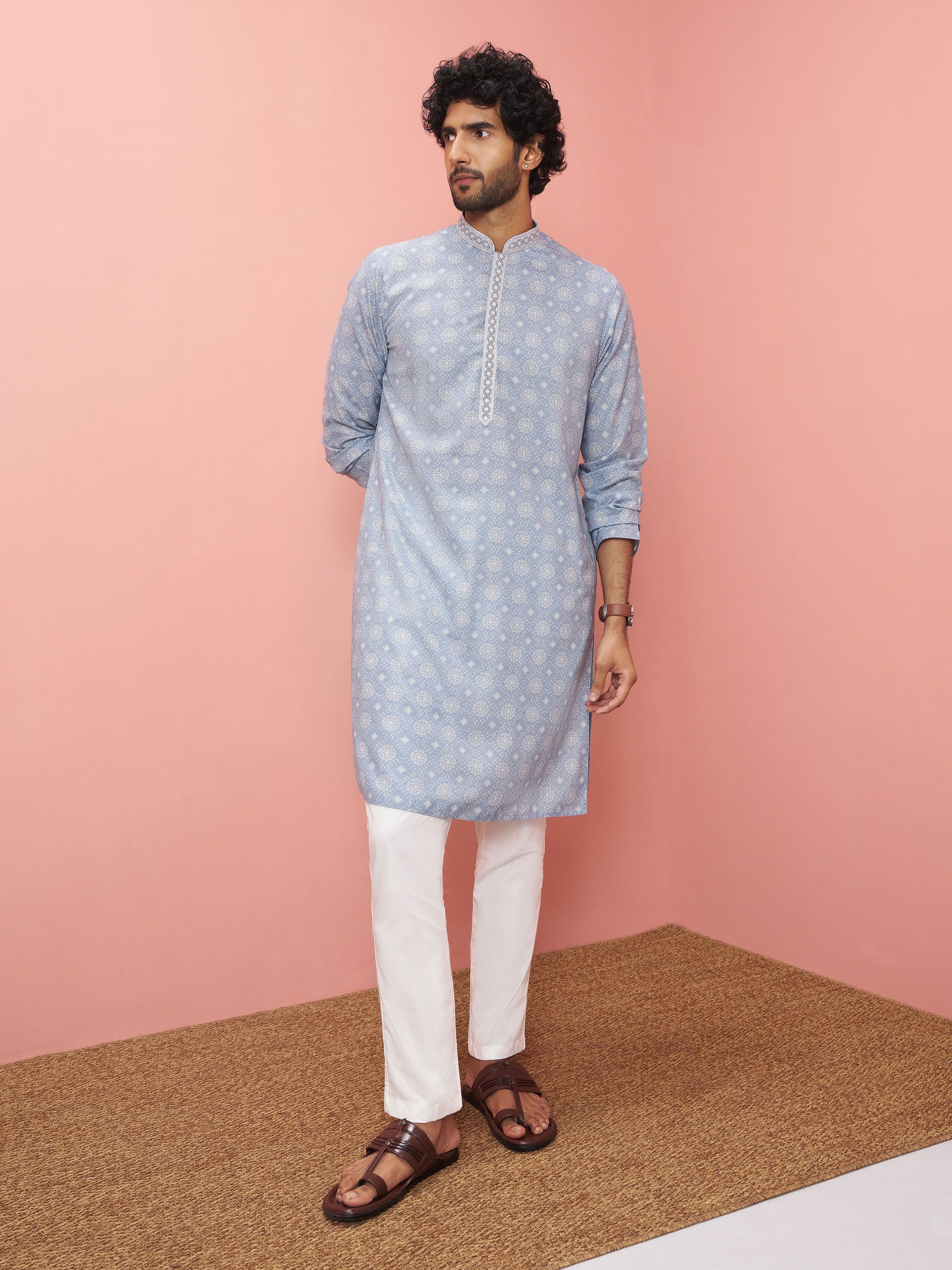 Men's Grey Cotton-Linen Digital Print Knee Length Kurta with Pyjama