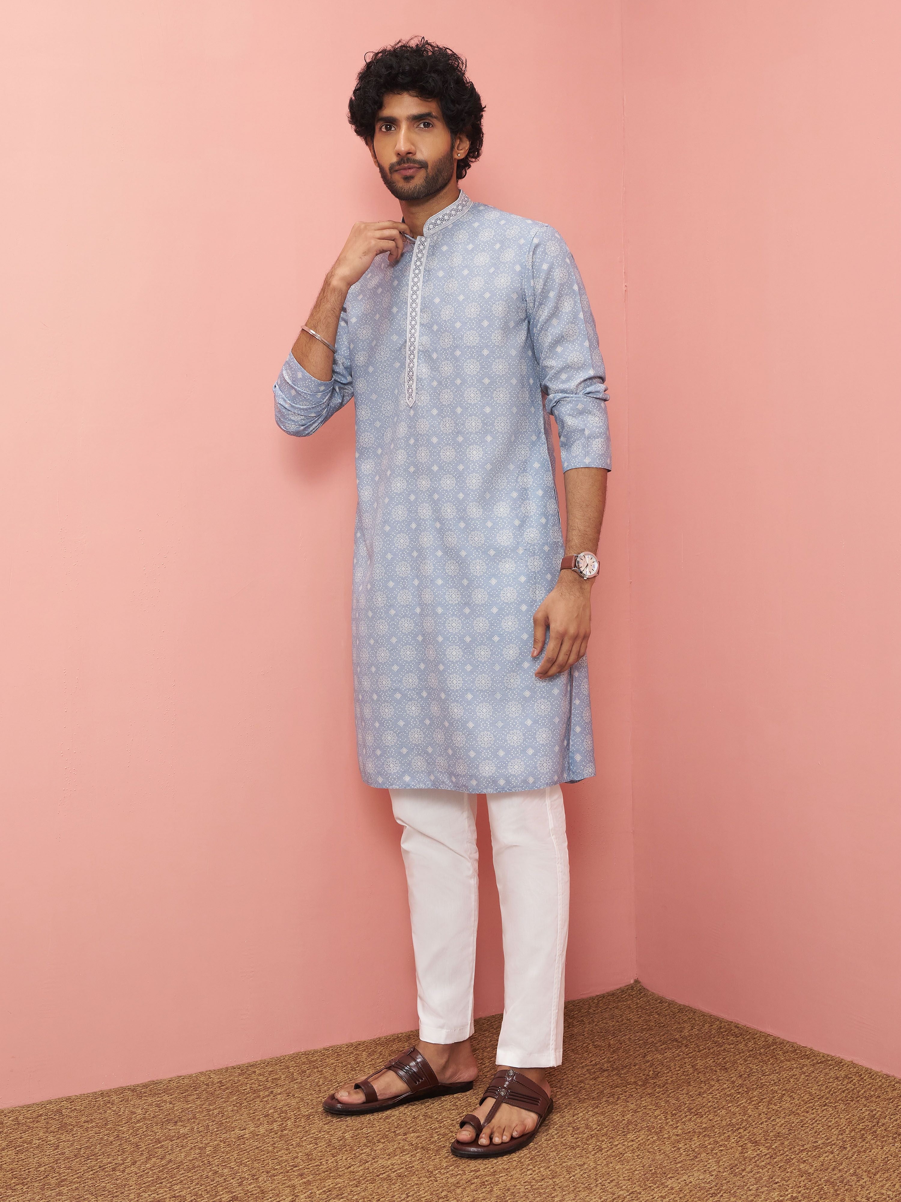 Men's Grey Cotton-Linen Digital Print Knee Length Kurta with Pyjama