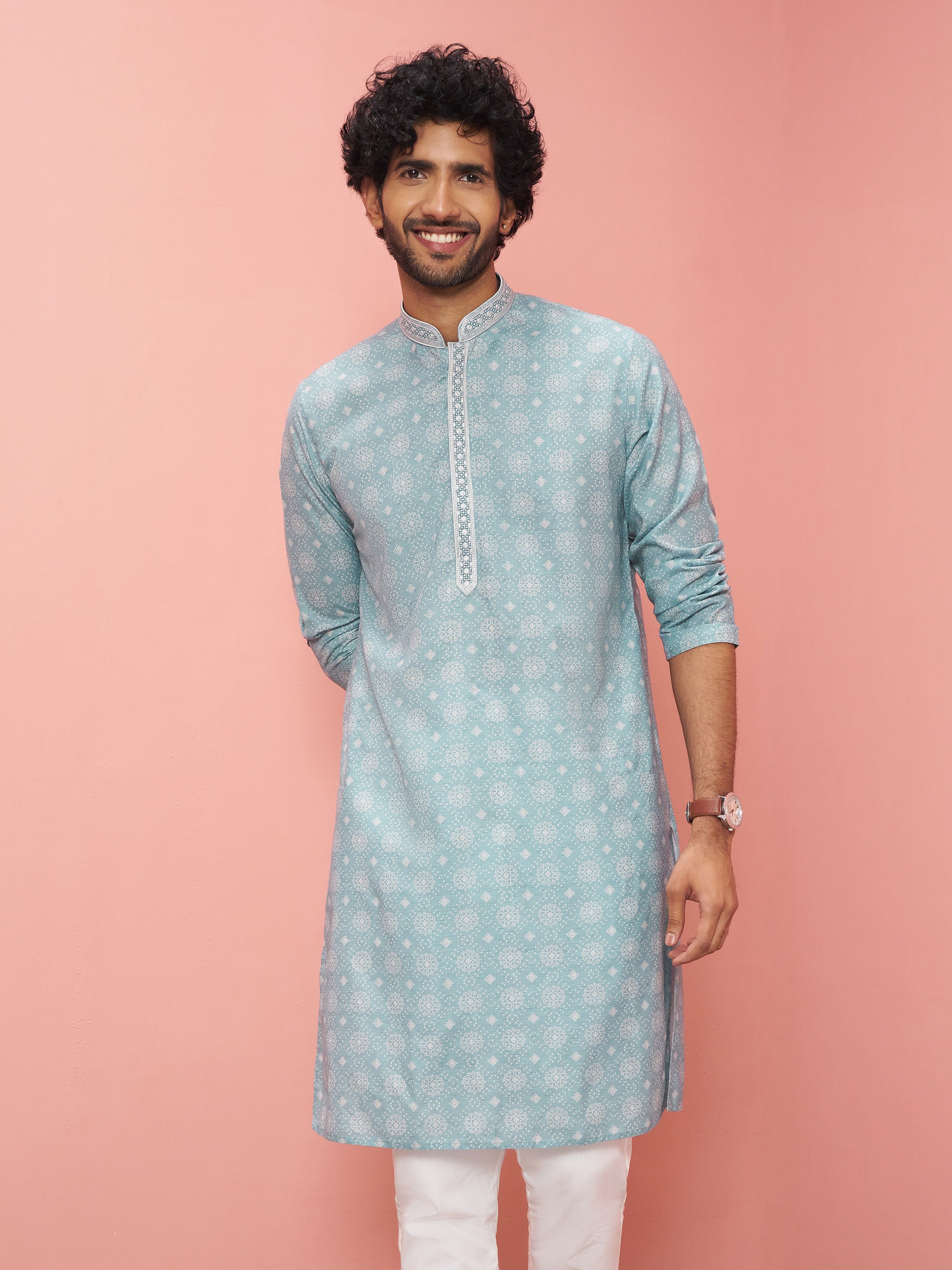 Men Sage Cotton Linen Kurta Festive, Diwali Ethnic Wear