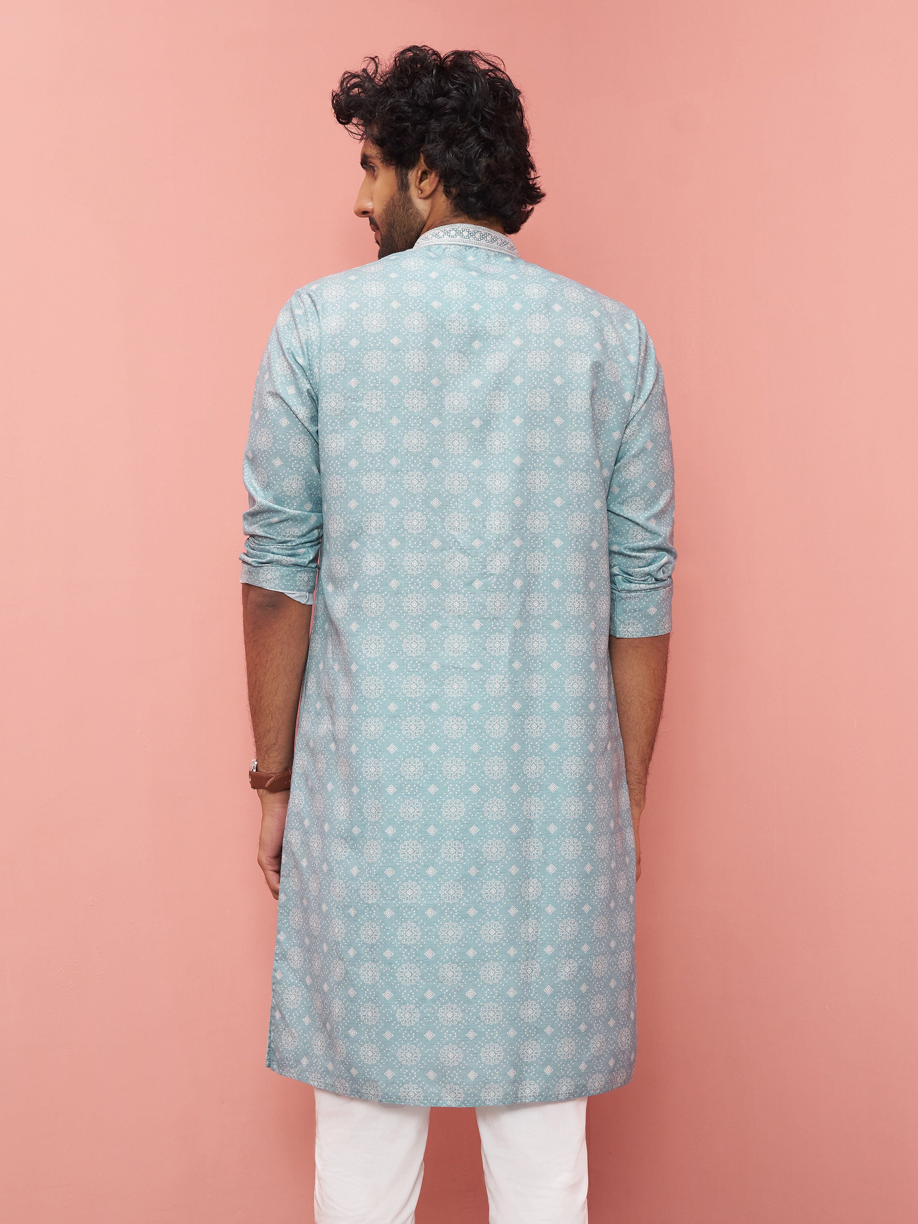Men's Sage Cotton-Linen Digital Print Knee Length Kurta