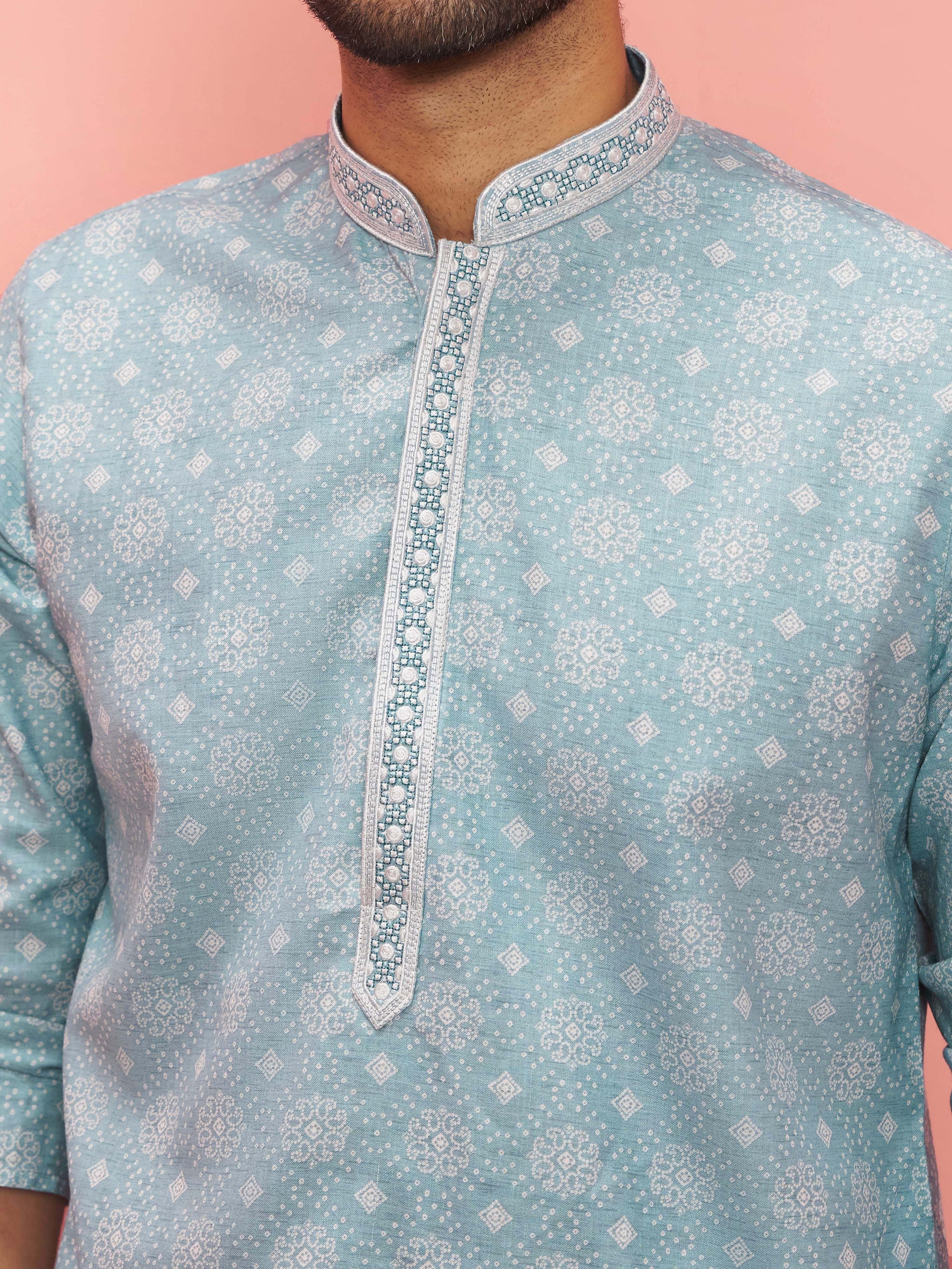 Men's Sage Cotton-Linen Digital Print Knee Length Kurta with Pyjama