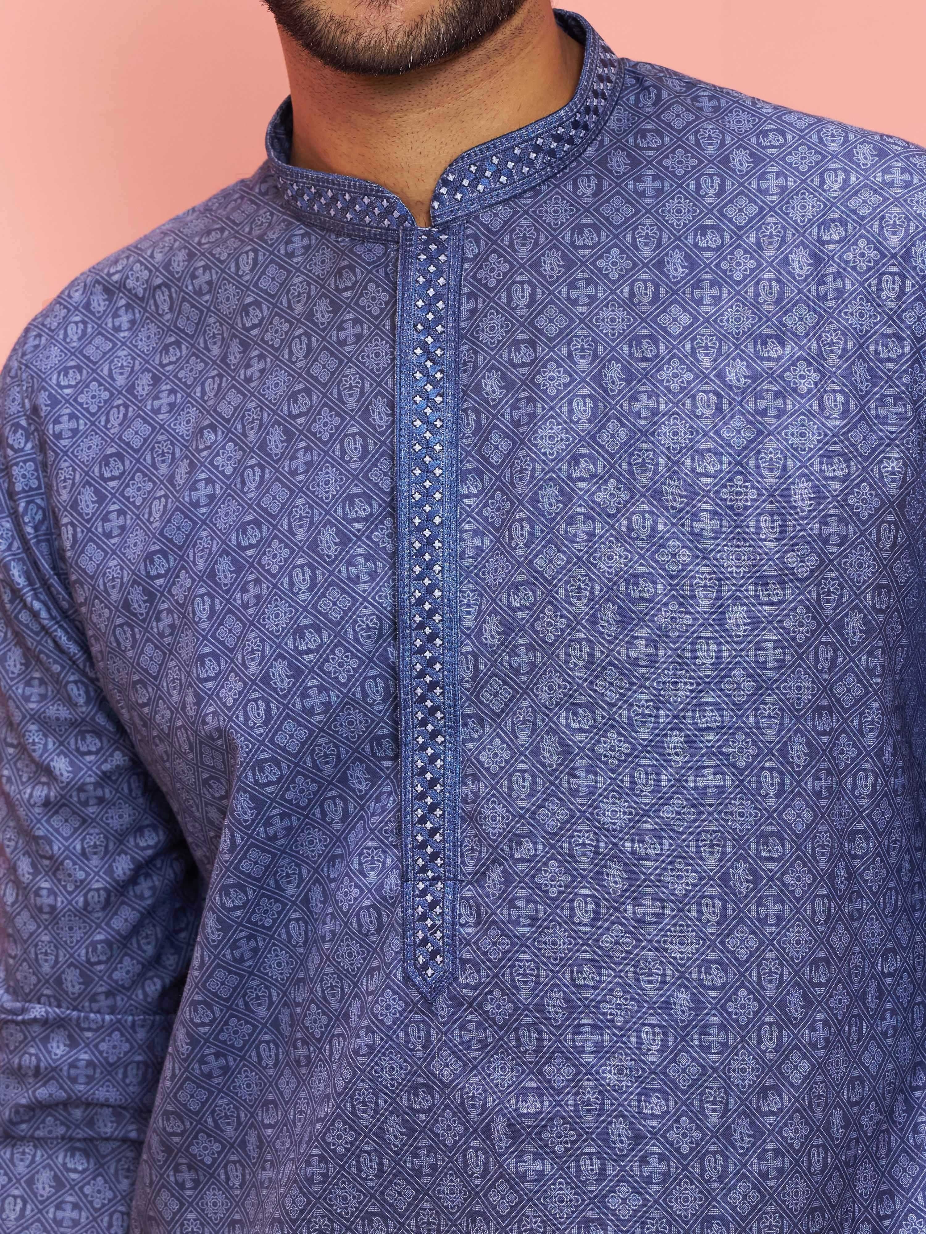 Men's Blue Cotton-Linen Ethnic Motifs Knee Length Kurta