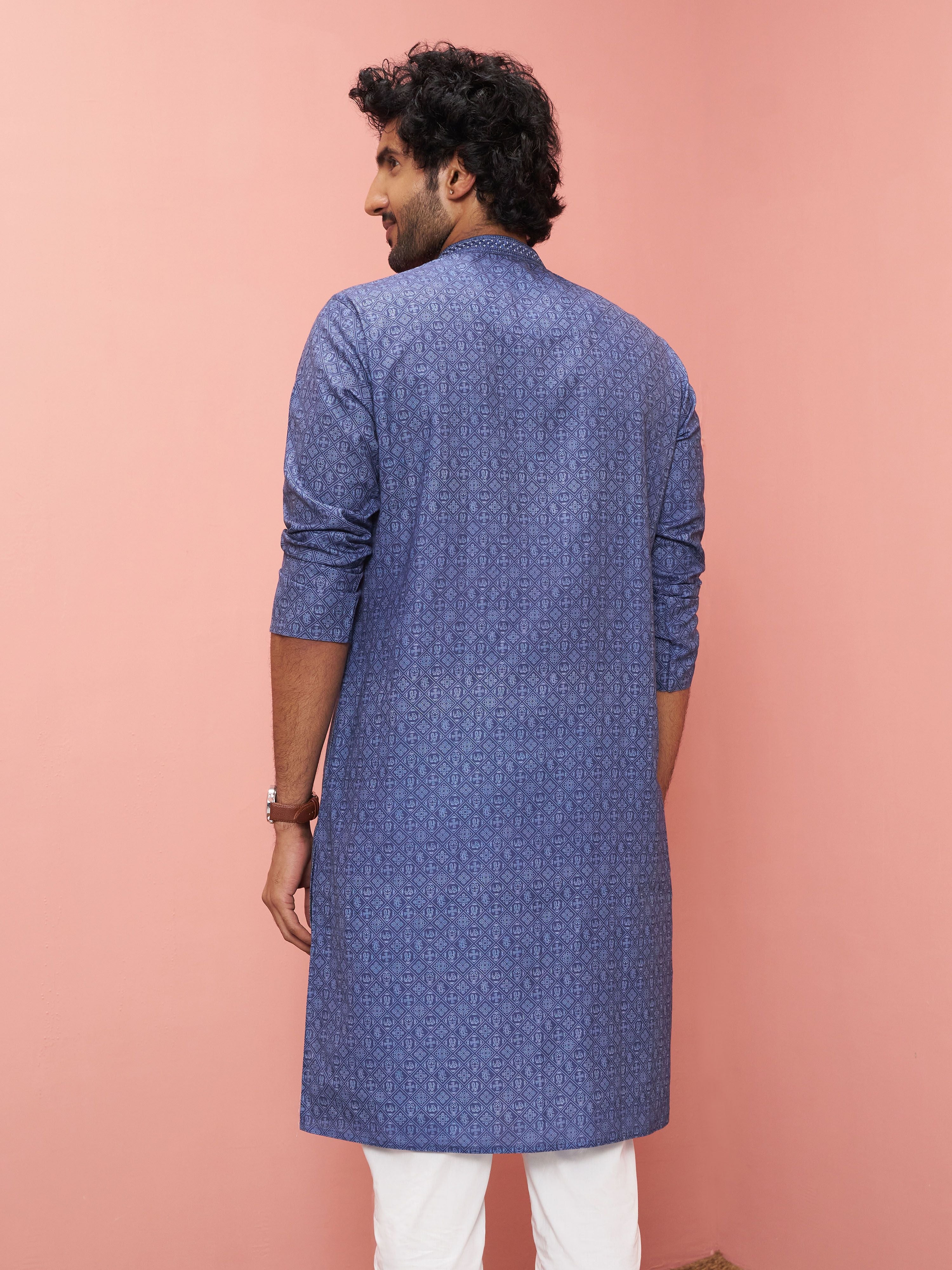 Men's Blue Cotton-Linen Ethnic Motifs Knee Length Kurta