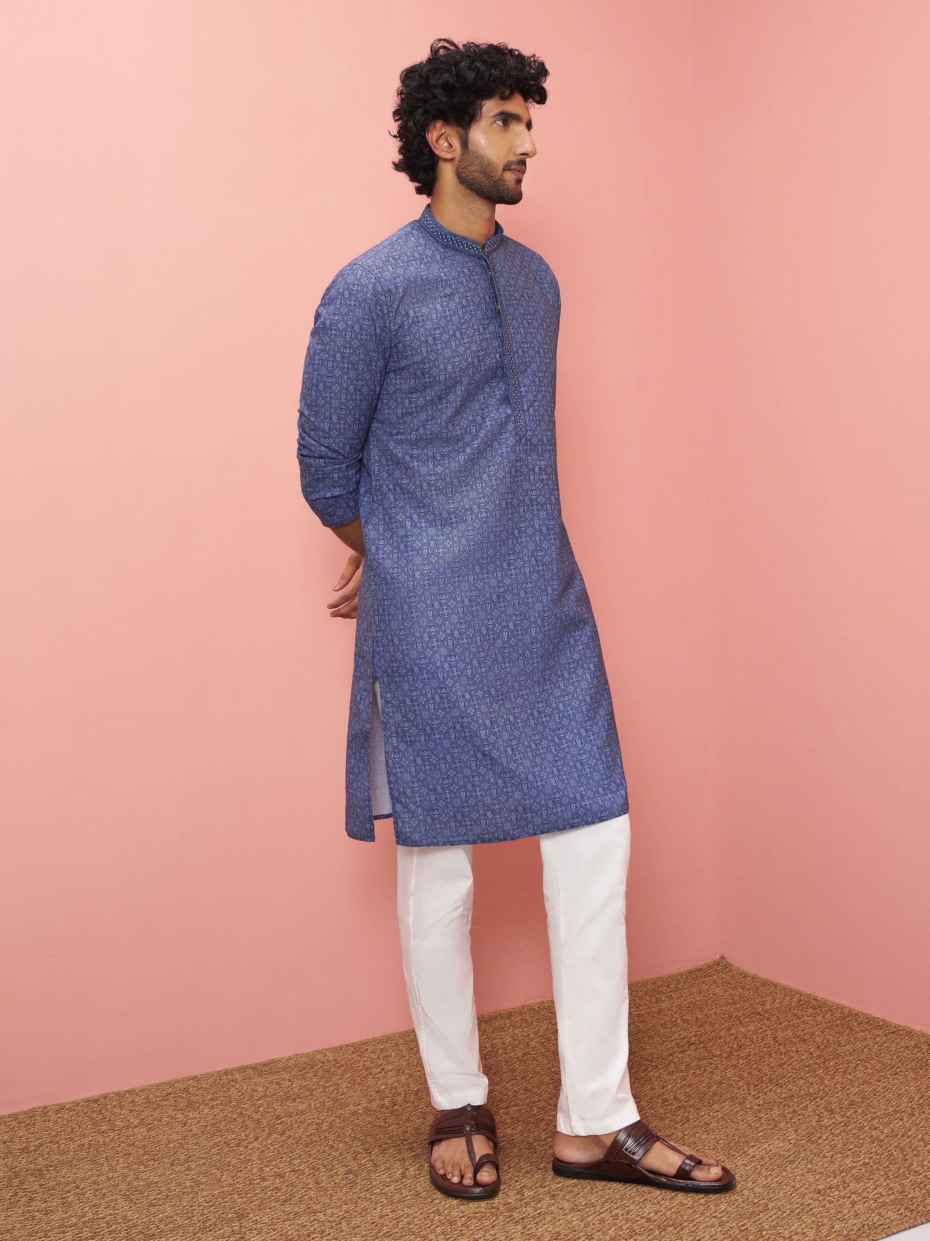 Men's Blue Cotton-Linen Ikkat Knee Length Kurta with Pyjama