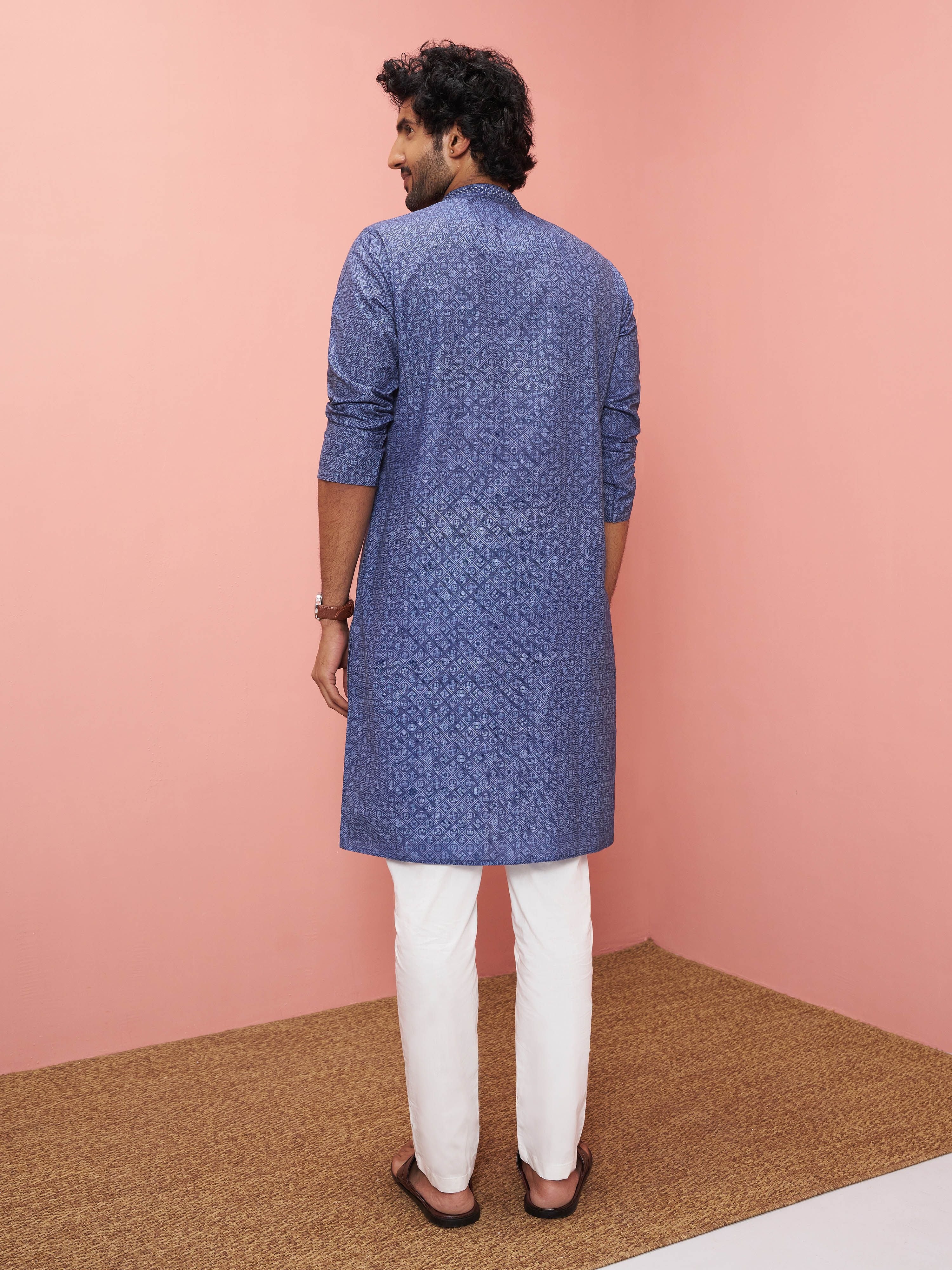 Men's Blue Cotton-Linen Ikkat Knee Length Kurta with Pyjama