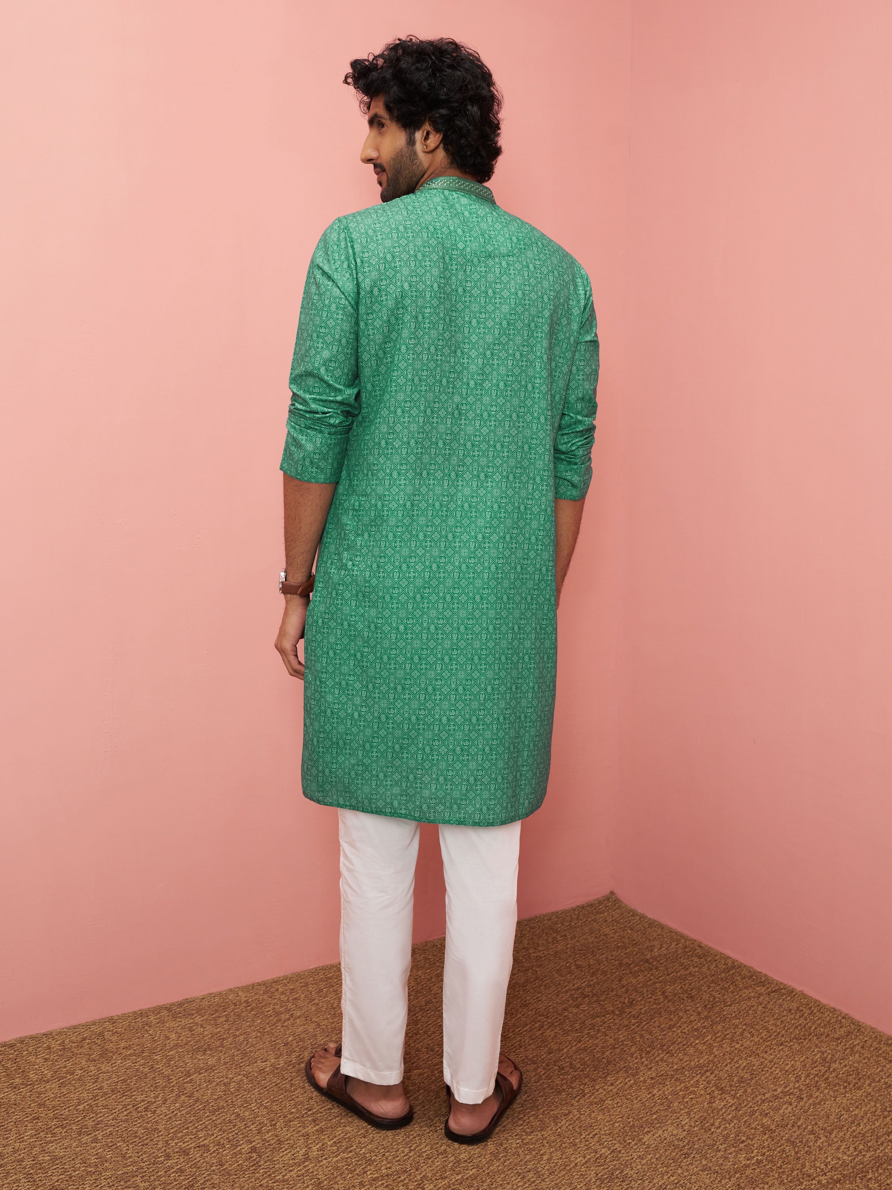 Men's Green Cotton-Linen Ikkat Knee Length Kurta with Pyjama