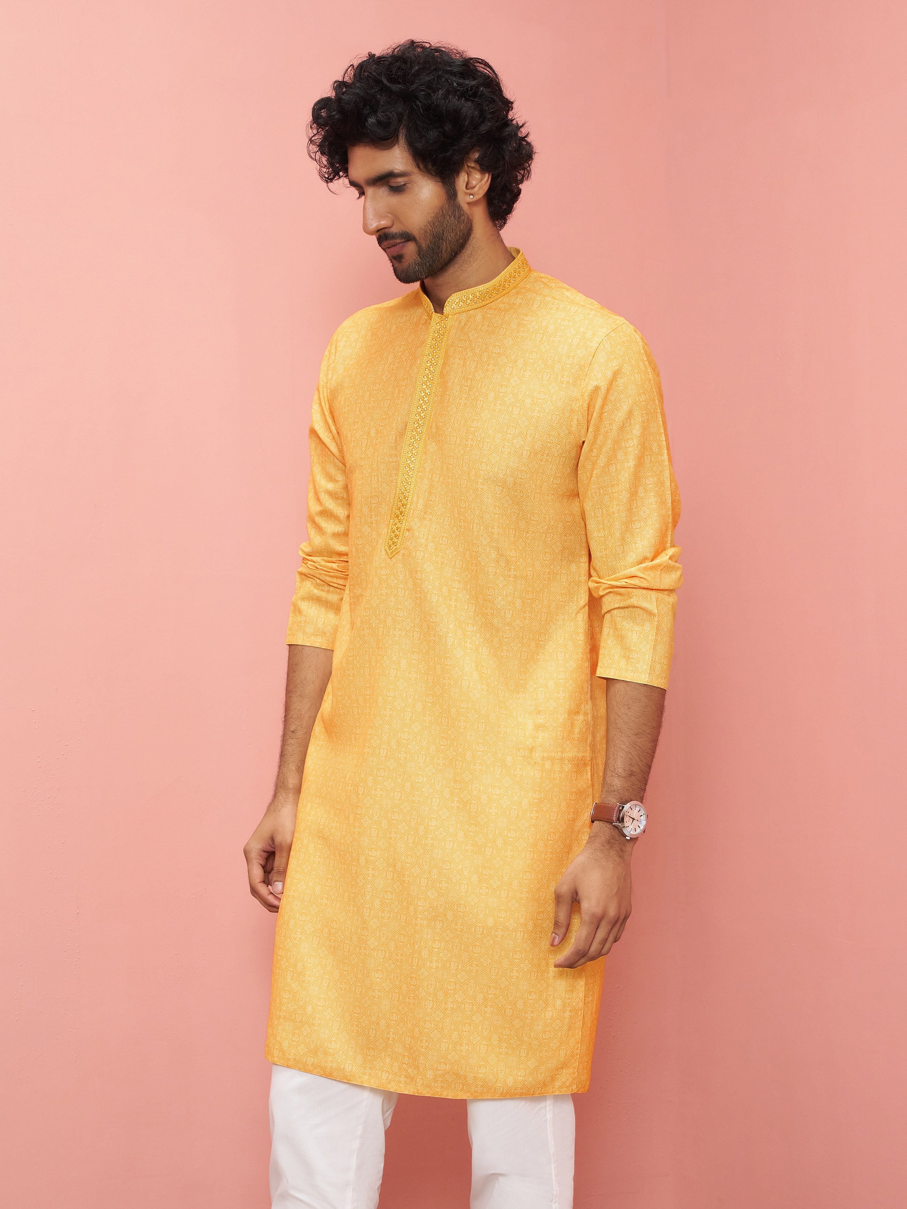 Men's Mustard Cotton-Linen Embroidered Knee Length Kurta