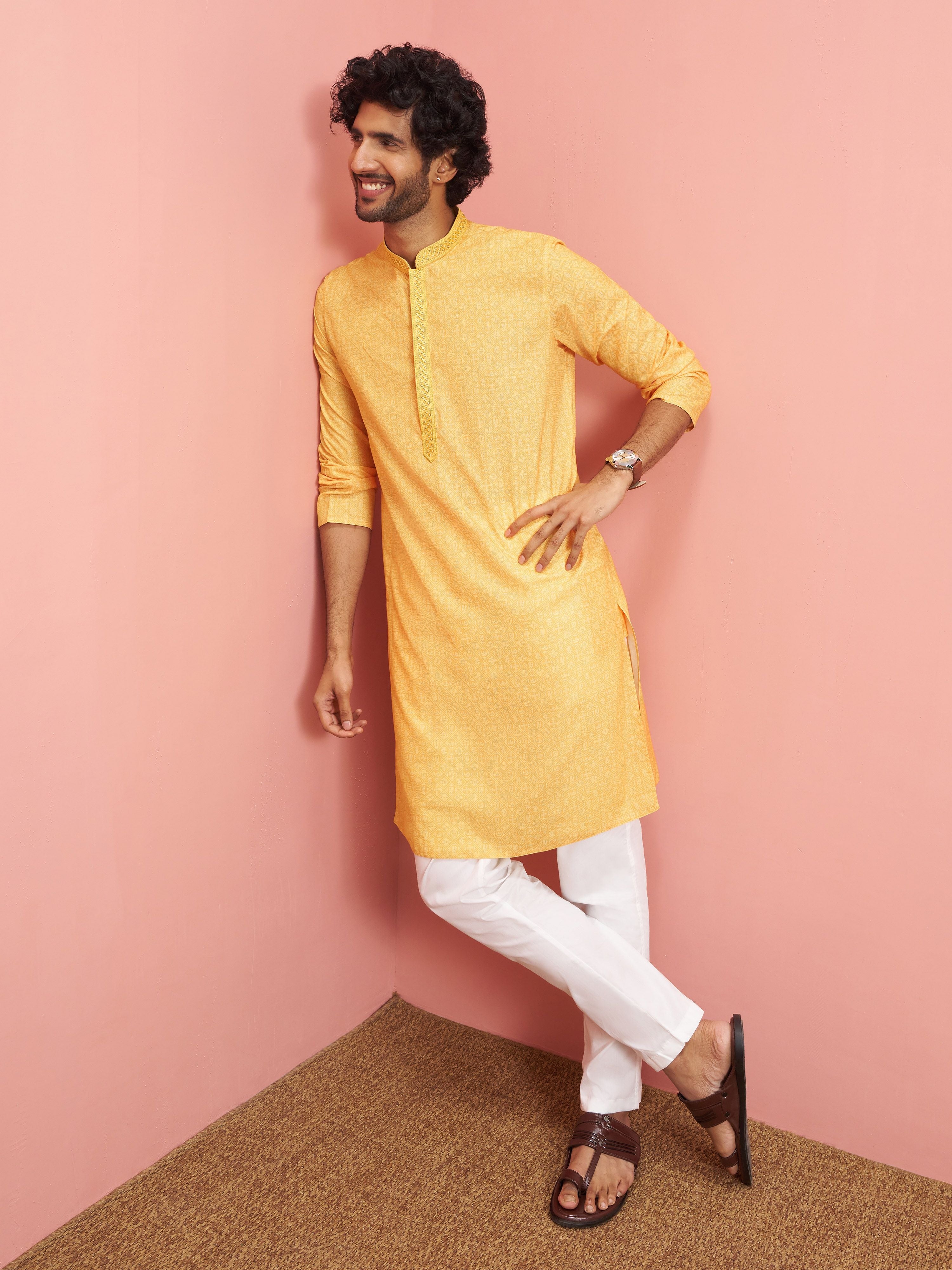 Men's Mustard Cotton-Linen Embroidered Knee Length Kurta