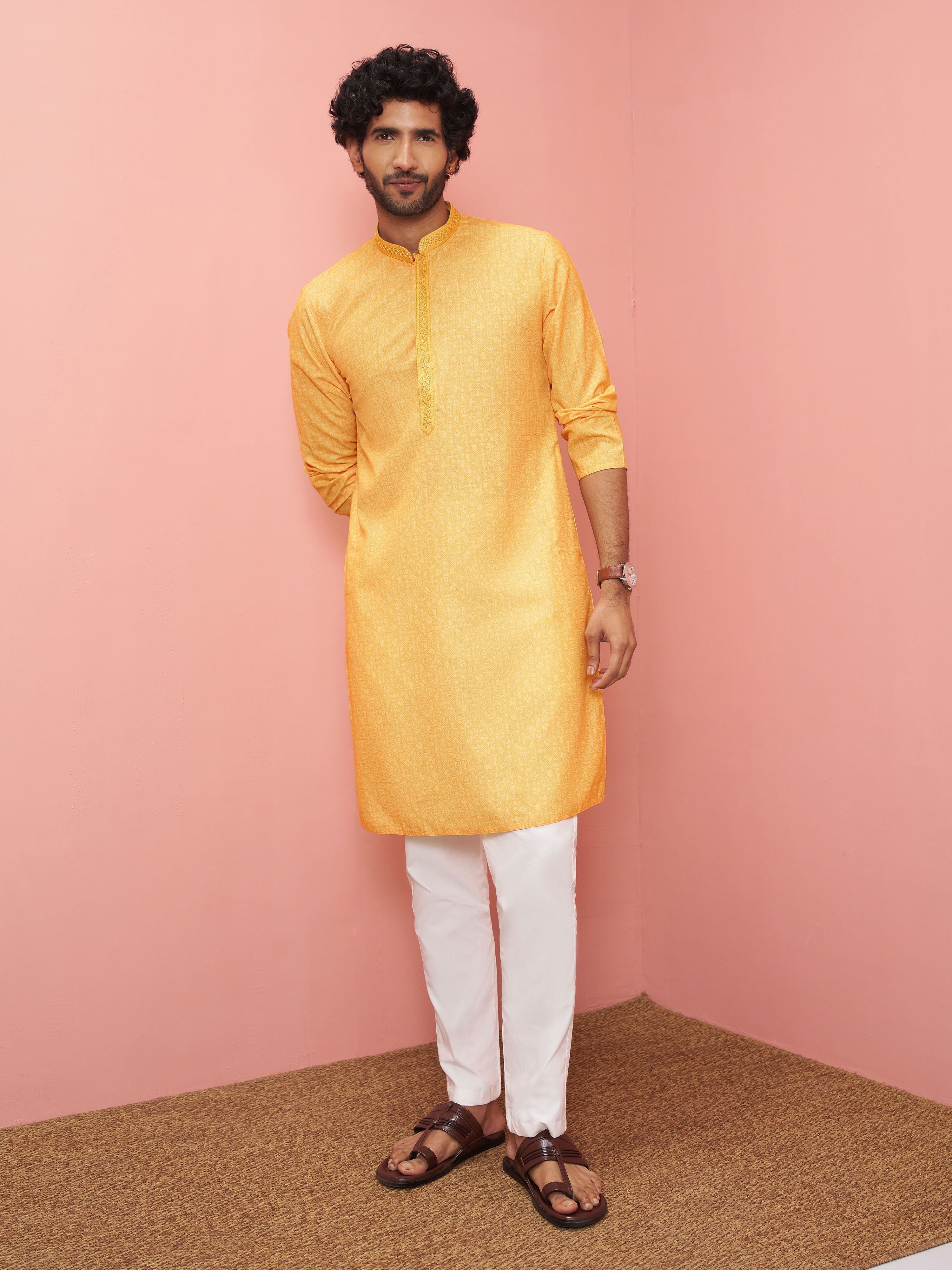 Men's Mustard Cotton-Linen Embroidered Knee Length Kurta with Pyjama