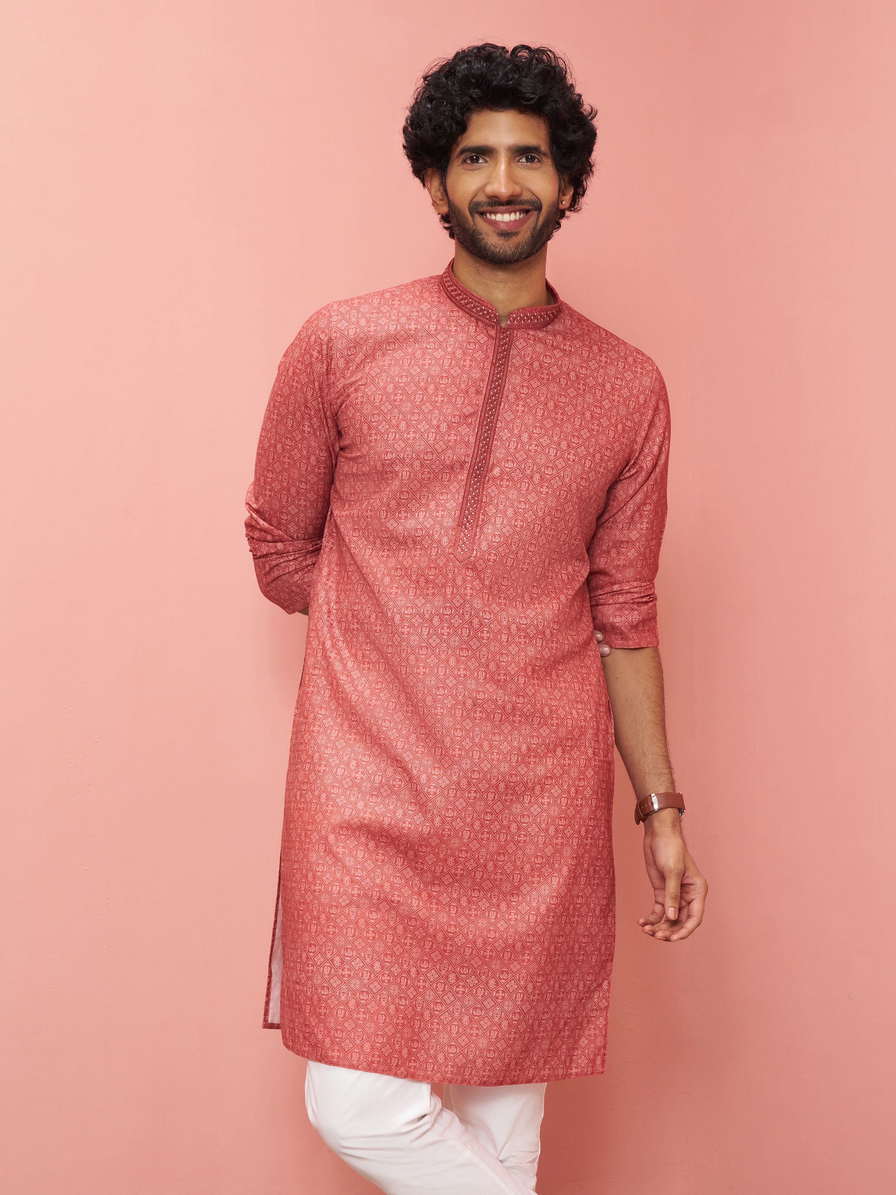 Men Rust Cotton Linen Kurta Festive, Diwali Ethnic Wear