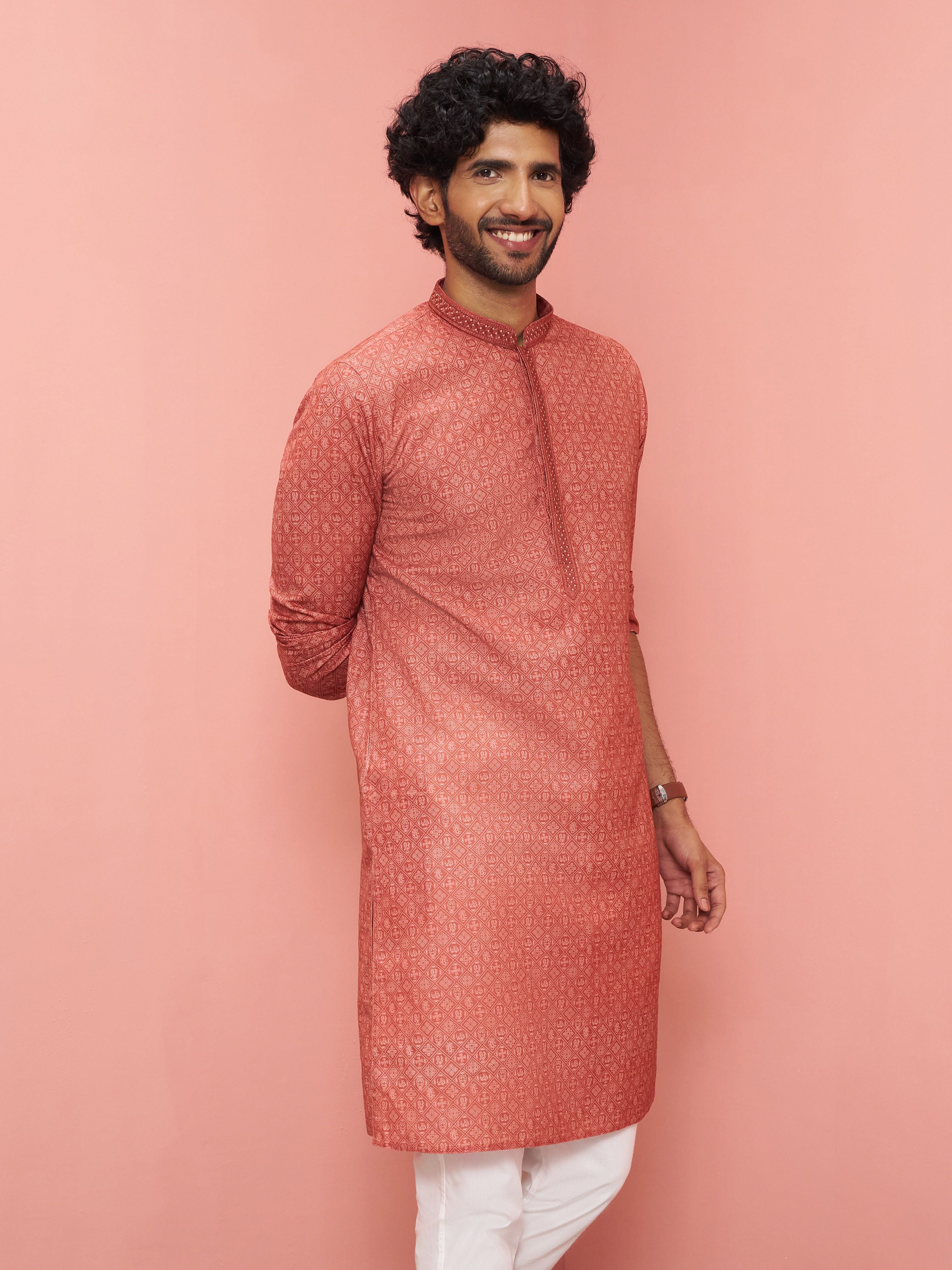 Men's Rust Cotton-Linen Geometric Print Knee Length Kurta