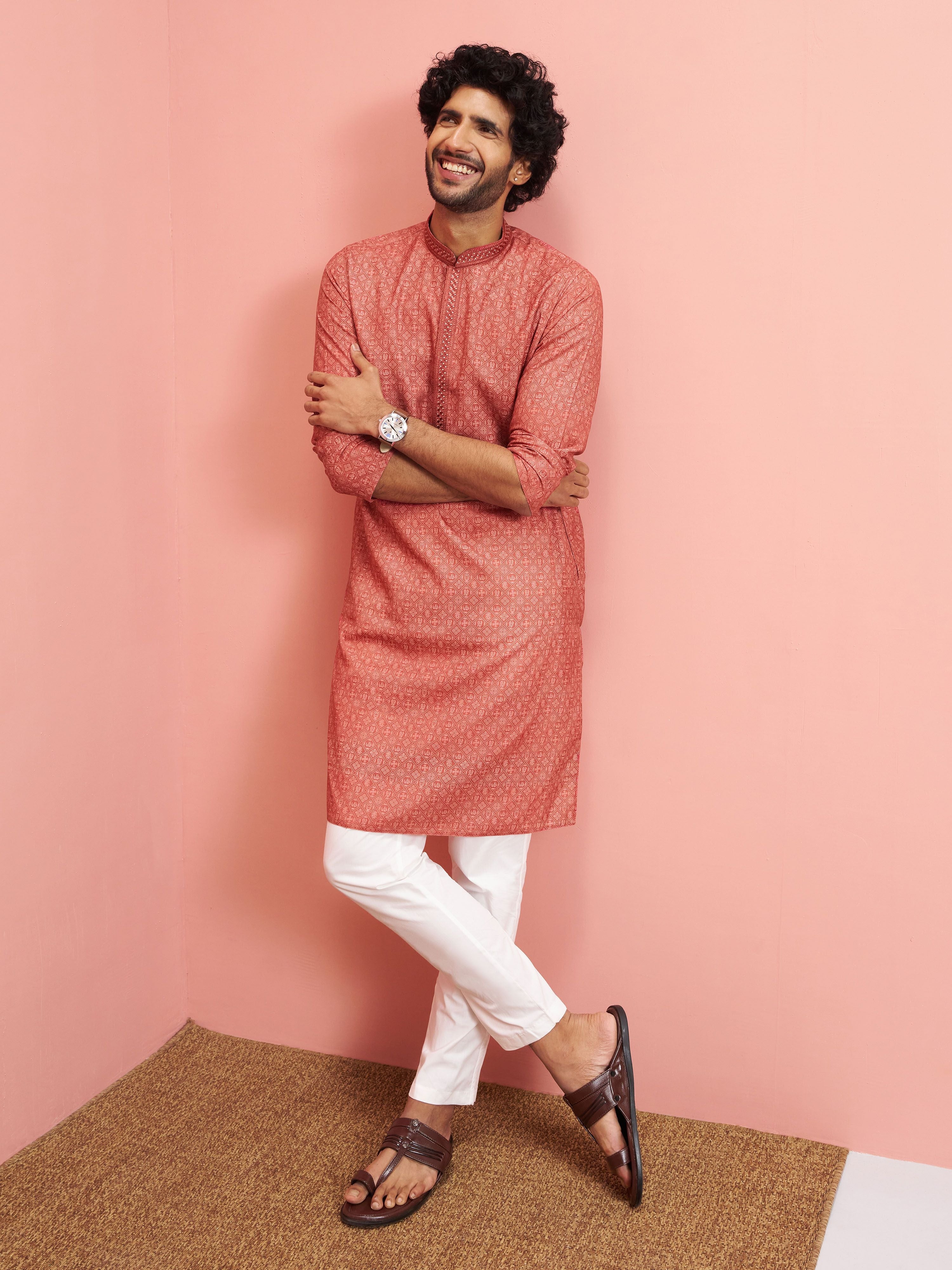 Men Rust Cotton Linen Kurta with Pyjama Festive, Diwali Ethnic Wear