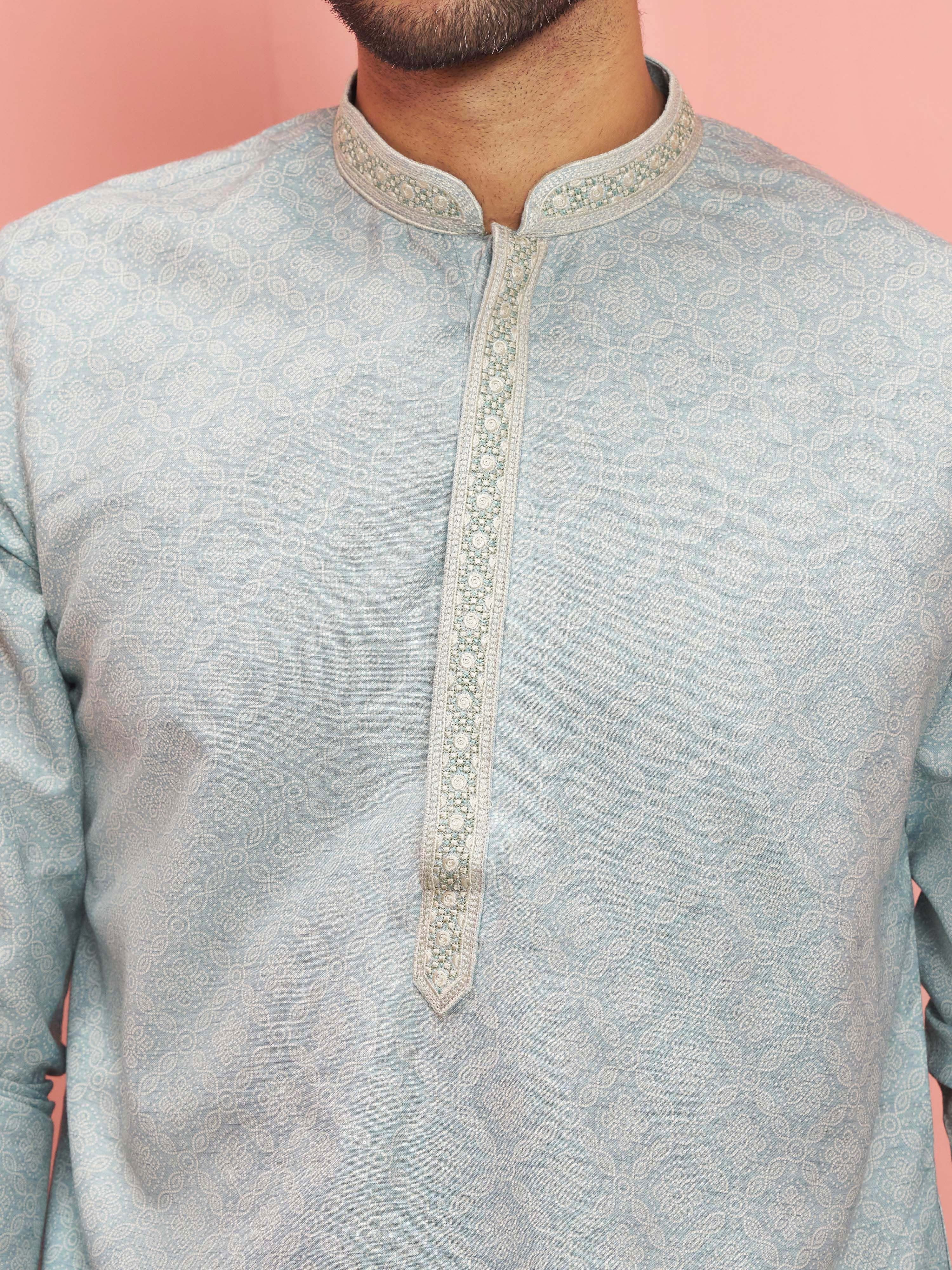 Men's Grey Cotton-Linen Digital Print Knee Length Kurta