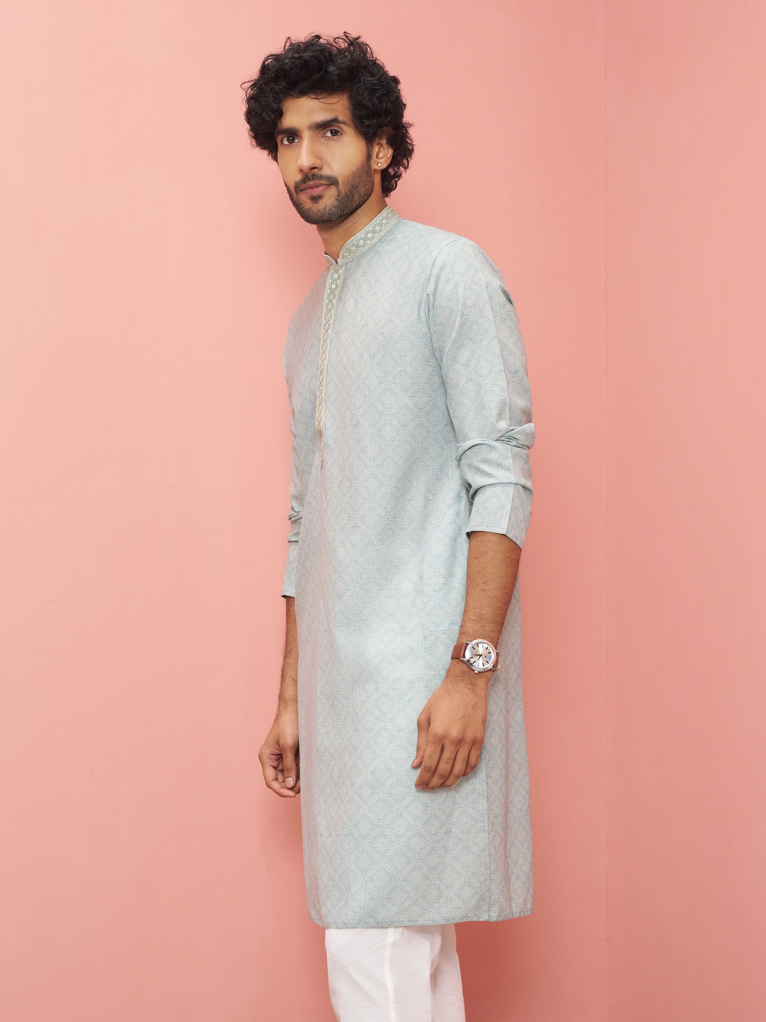 Men's Grey Cotton-Linen Digital Print Knee Length Kurta