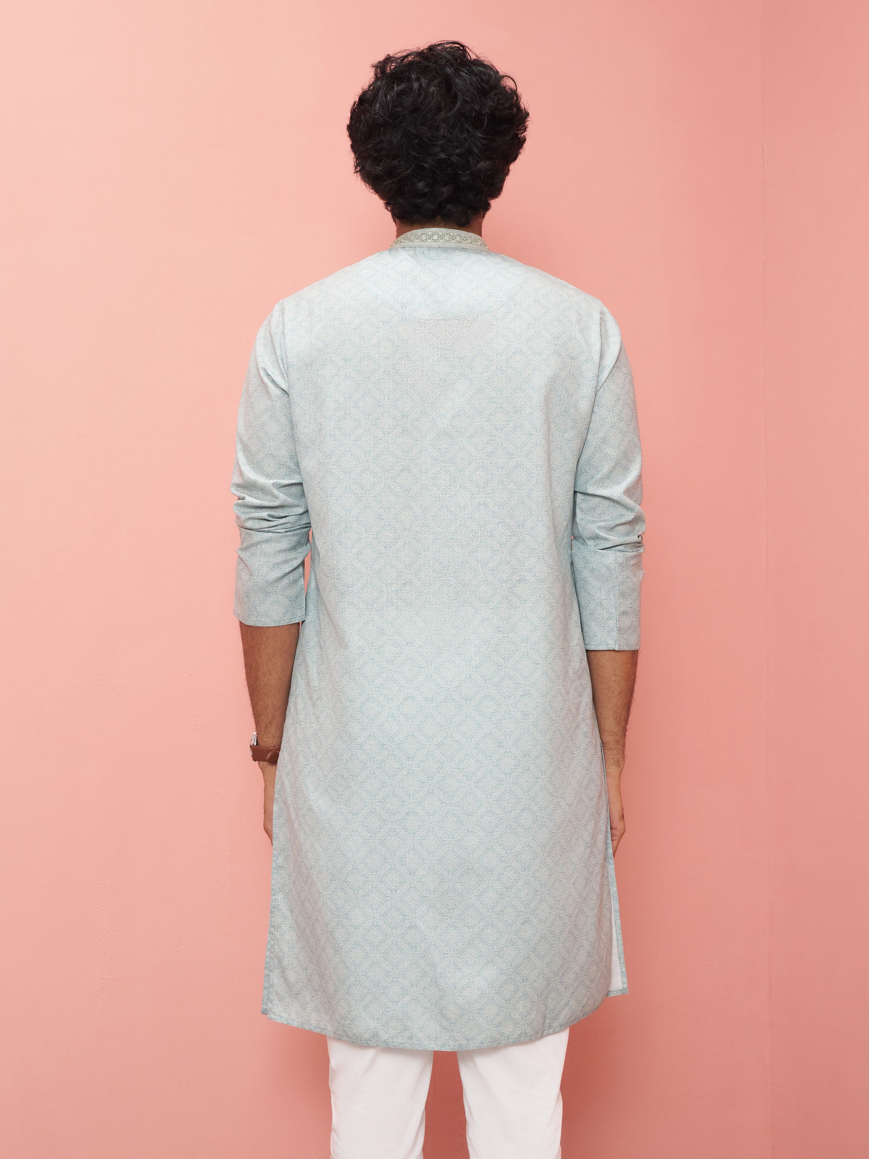 Men's Grey Cotton-Linen Digital Print Knee Length Kurta