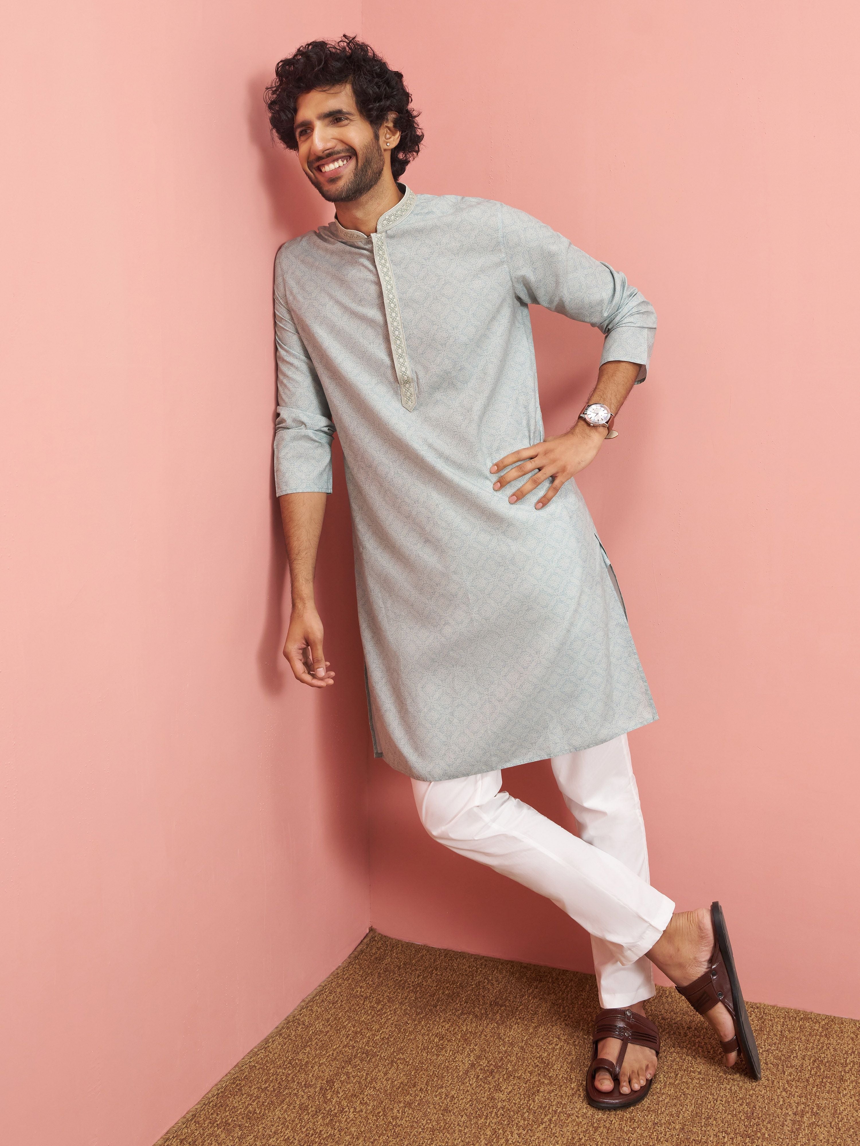 Men's Grey Cotton-Linen Digital Print Knee Length Kurta