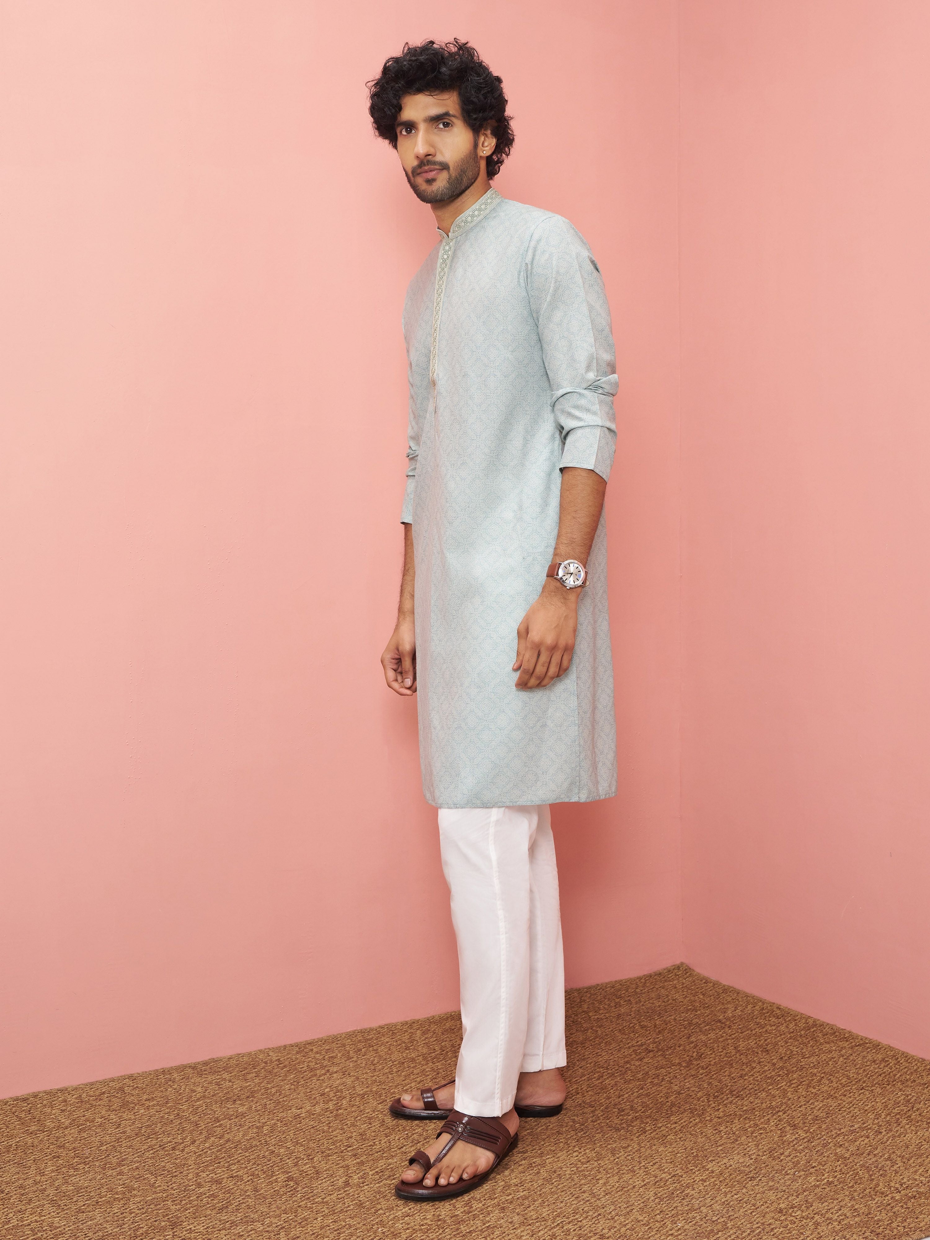 Men's Grey Cotton-Linen Digital Print Knee Length Kurta with Pyjama