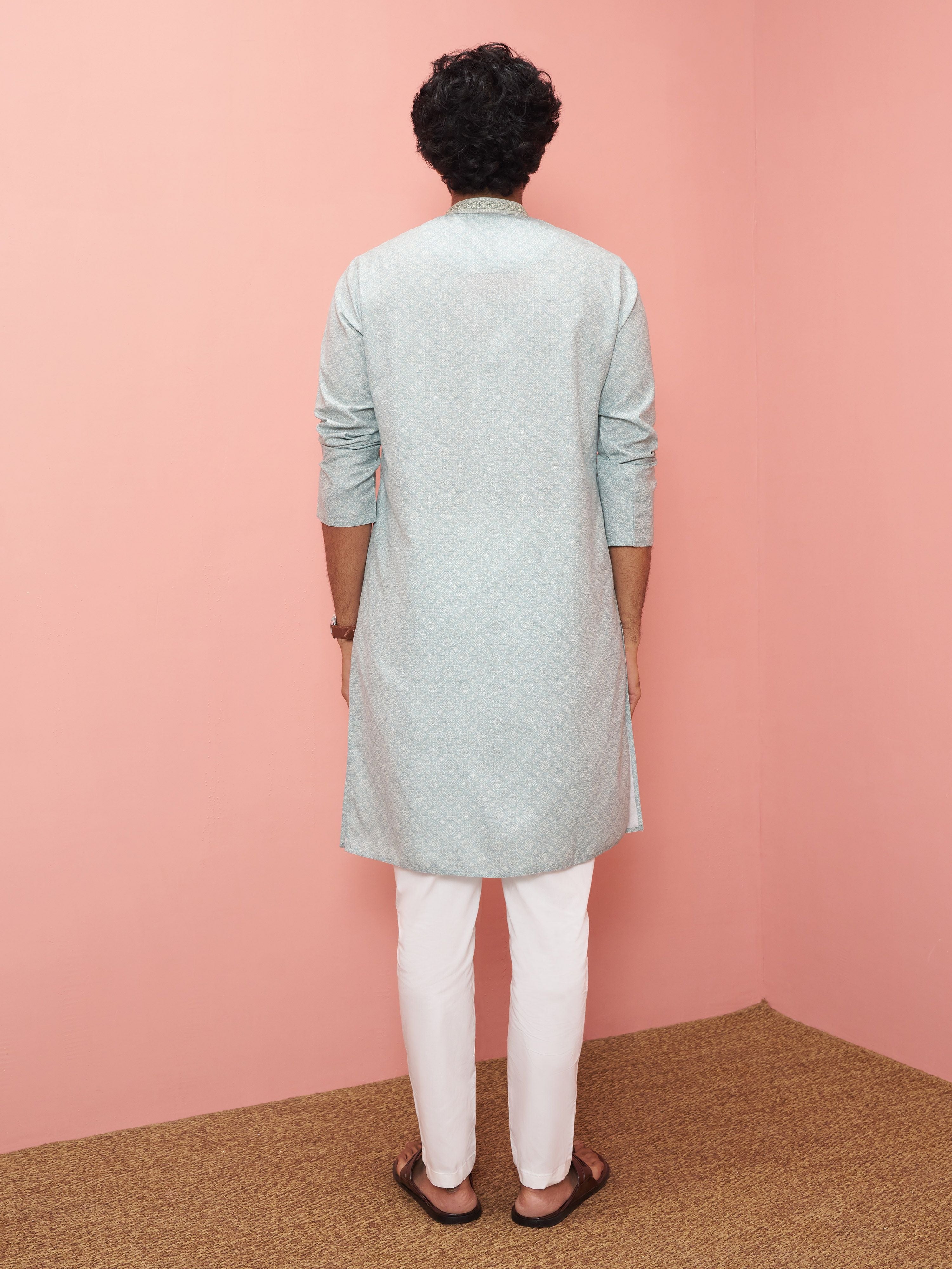 Men's Grey Cotton-Linen Digital Print Knee Length Kurta with Pyjama