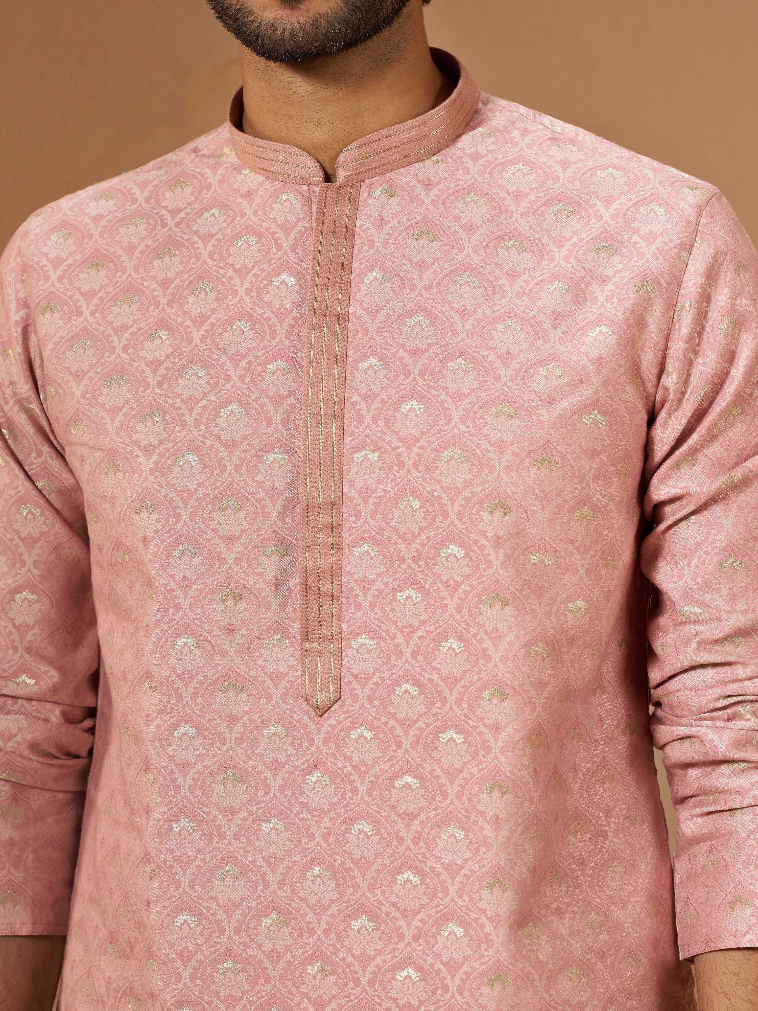 Men's Peach Silk-Blend Self Design Knee Length Kurta