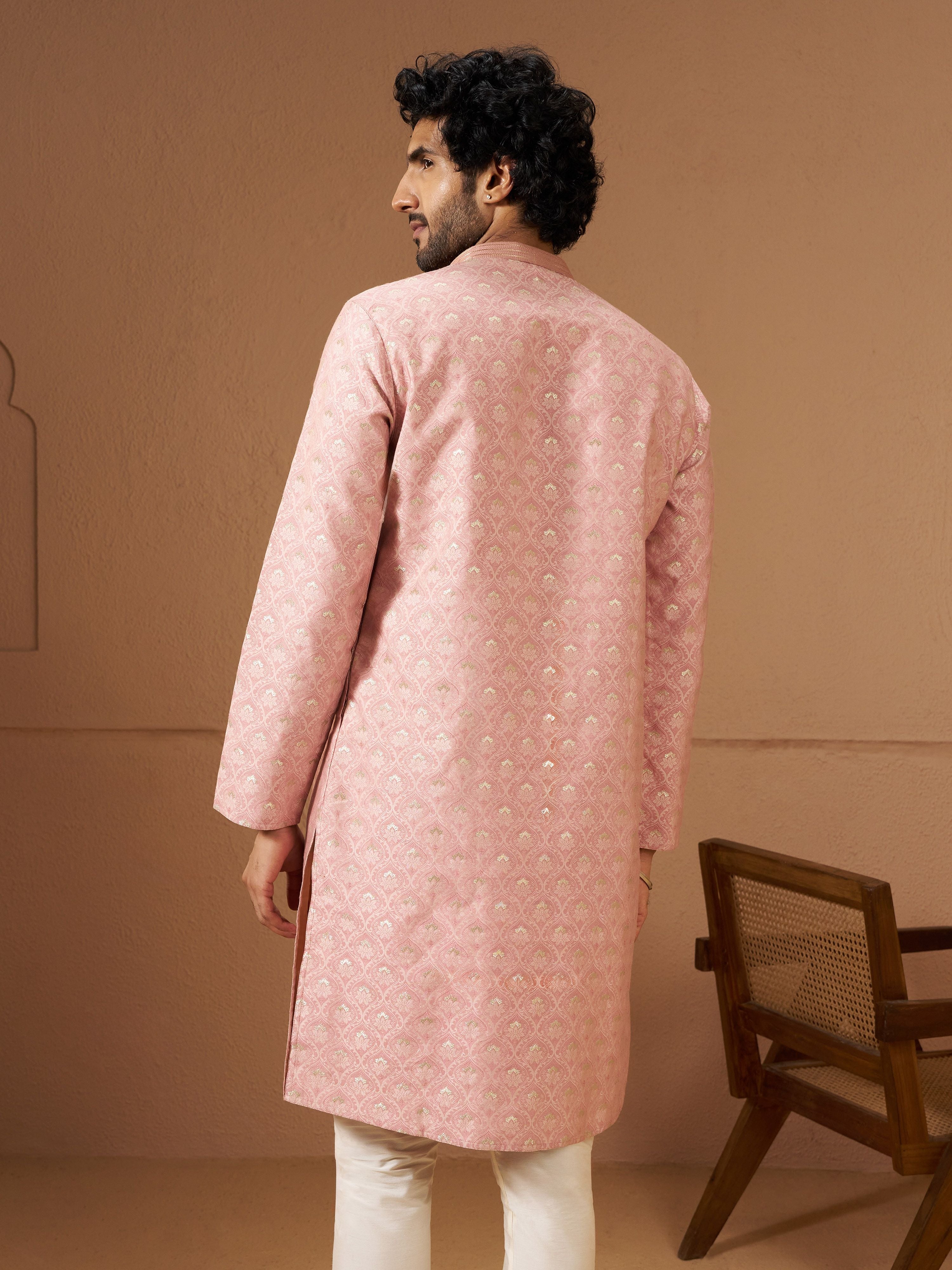 Men's Peach Silk-Blend Self Design Knee Length Kurta