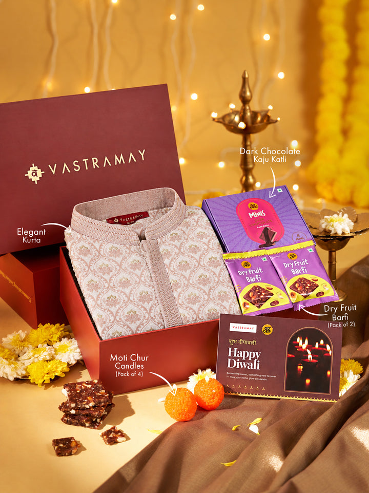 Vastramay White Jacquard Silk Blend Kurta | Diwali Gift Box with Go Desi Mithai &amp; 4 Laddoo Candles