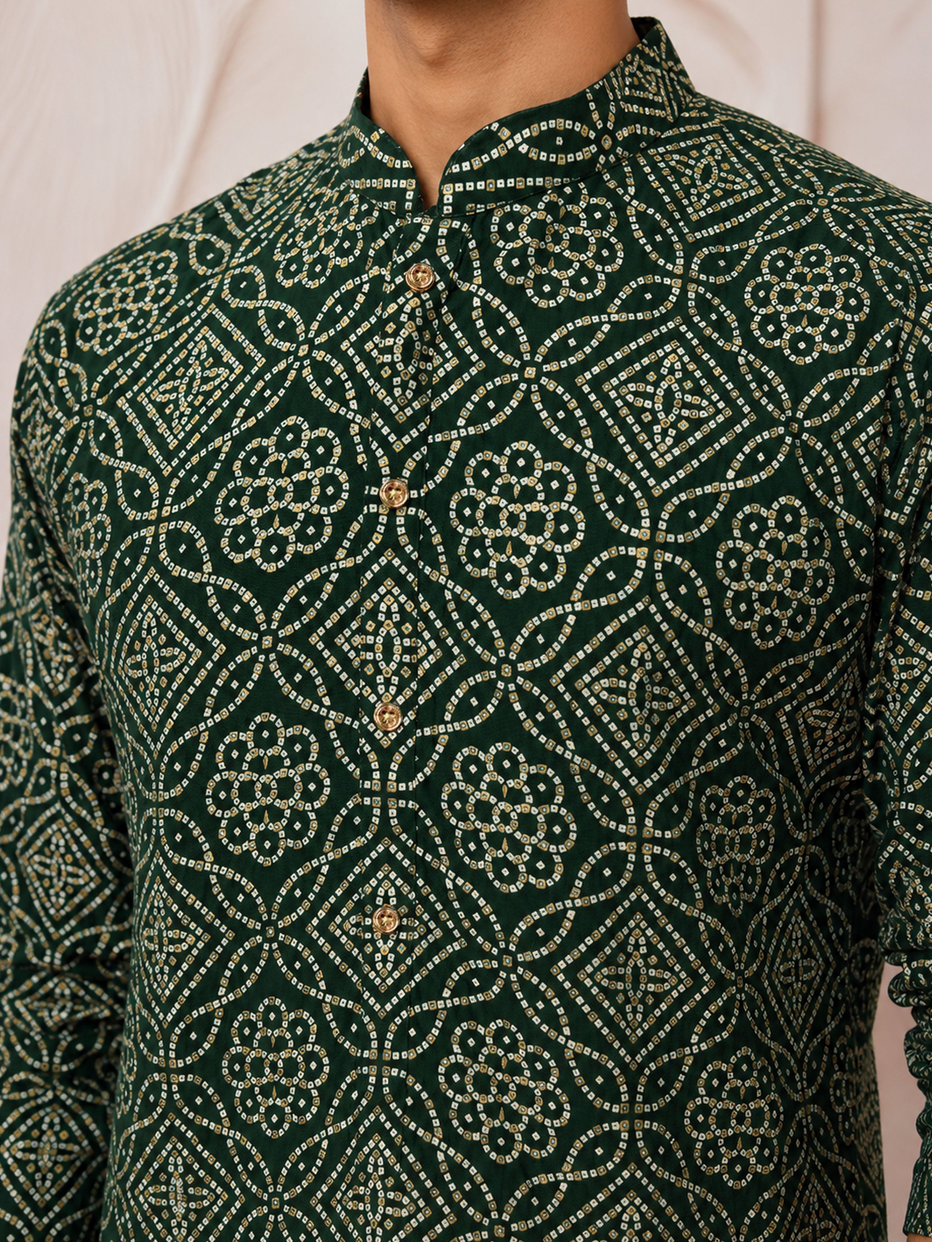 Men's Dark Green Rayon Digital Print Knee Length Kurta