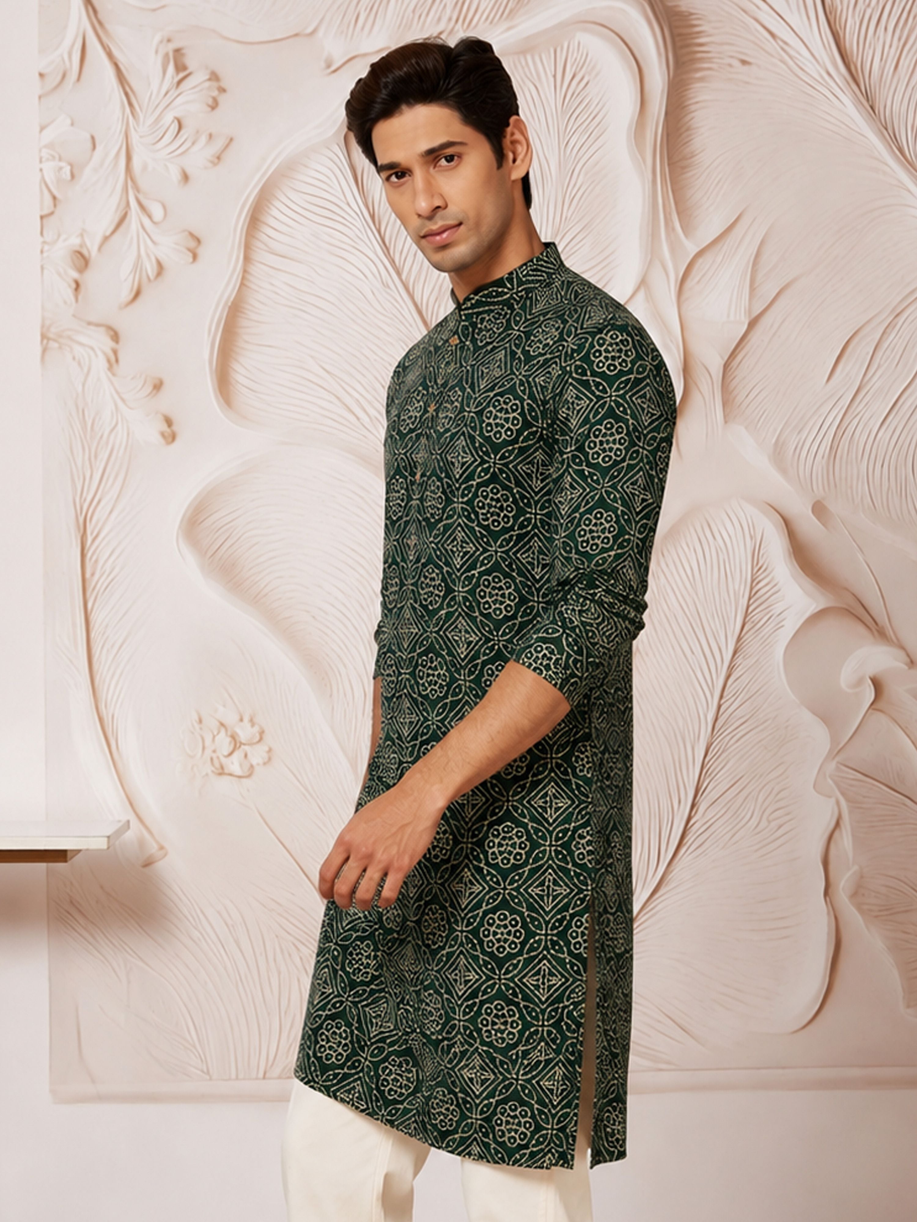Men's Dark Green Rayon Digital Print Knee Length Kurta