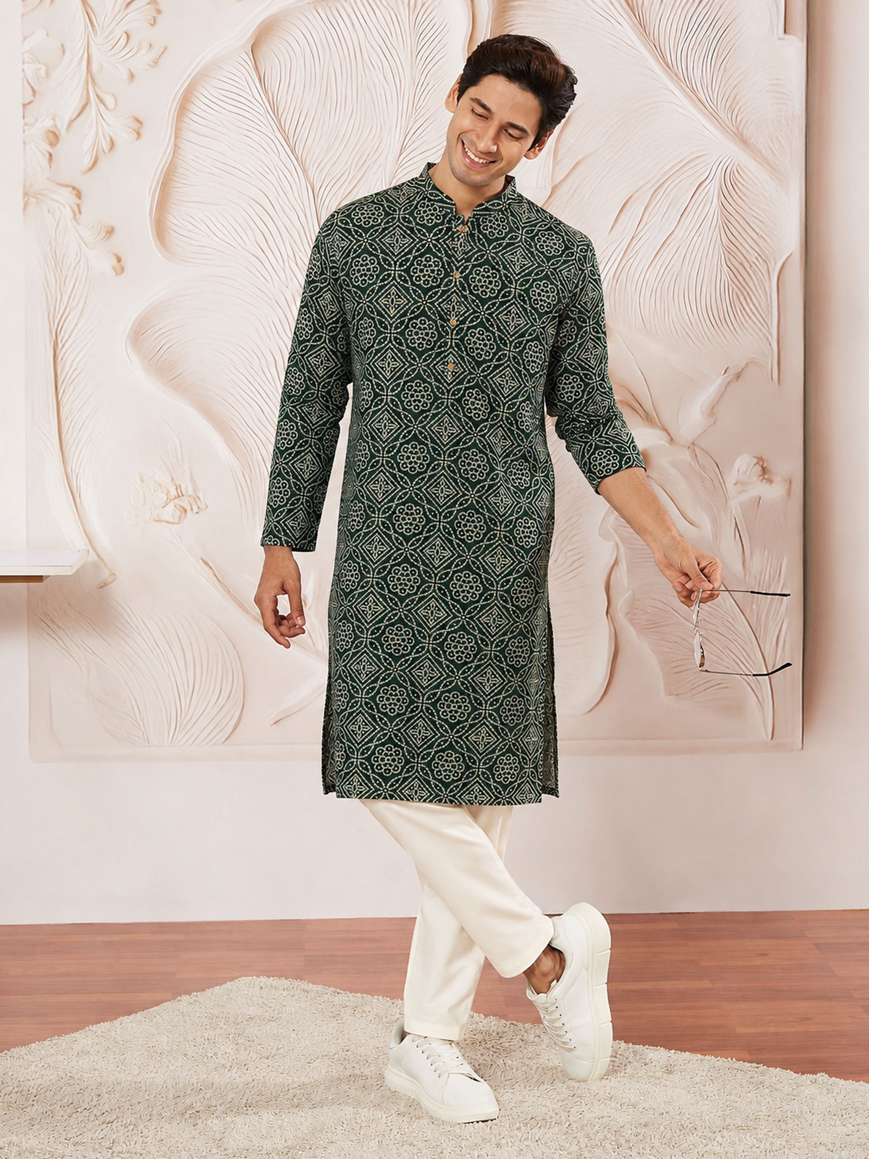 Men's Dark Green Rayon Digital Print Knee Length Kurta