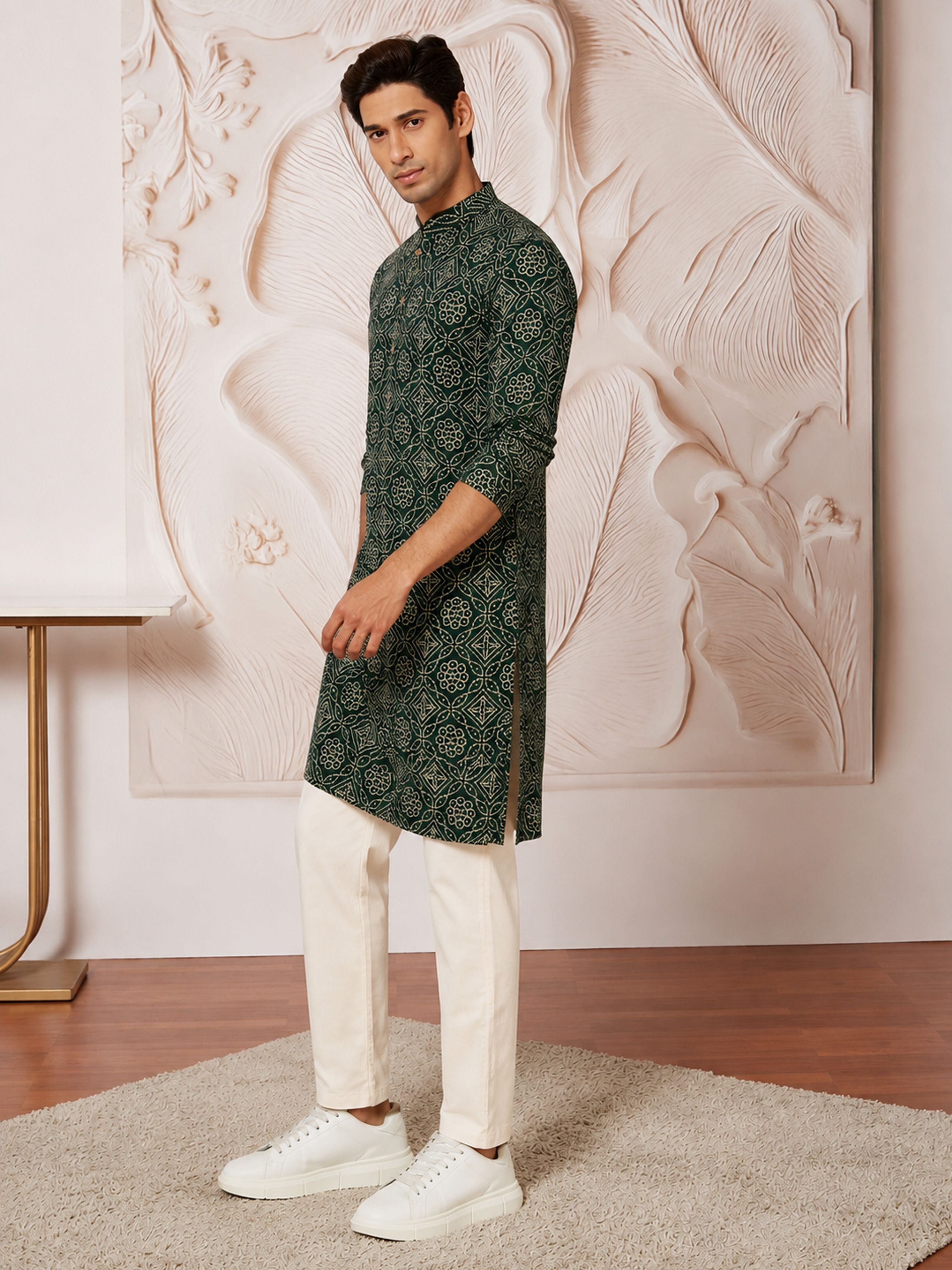 Men's Dark Green Rayon Digital Print Knee Length Kurta with Pyjama