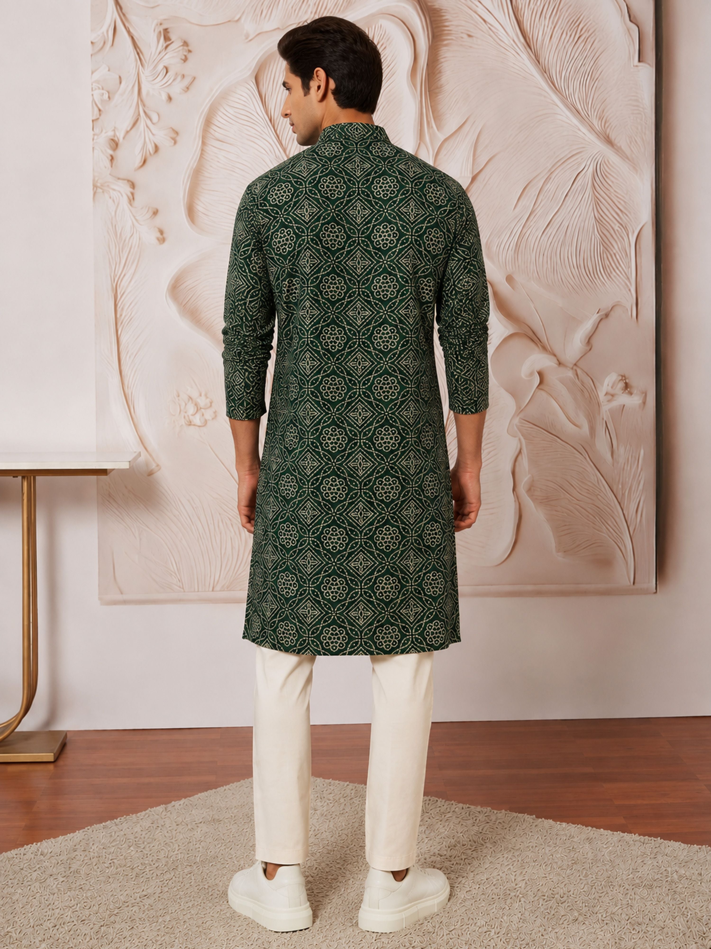 Men's Dark Green Rayon Digital Print Knee Length Kurta with Pyjama