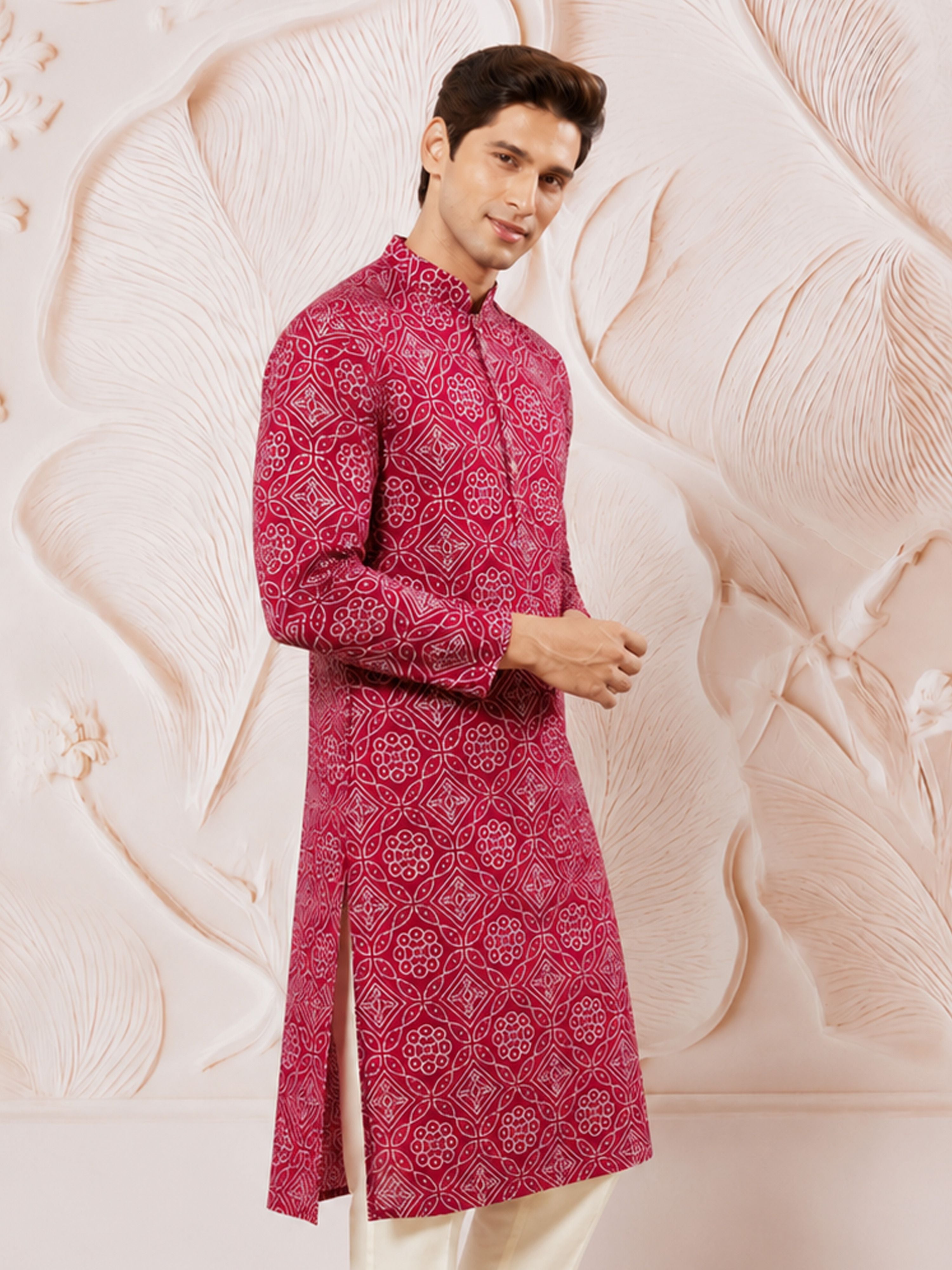 Men's Purple Rayon Foil Print Knee Length Kurta