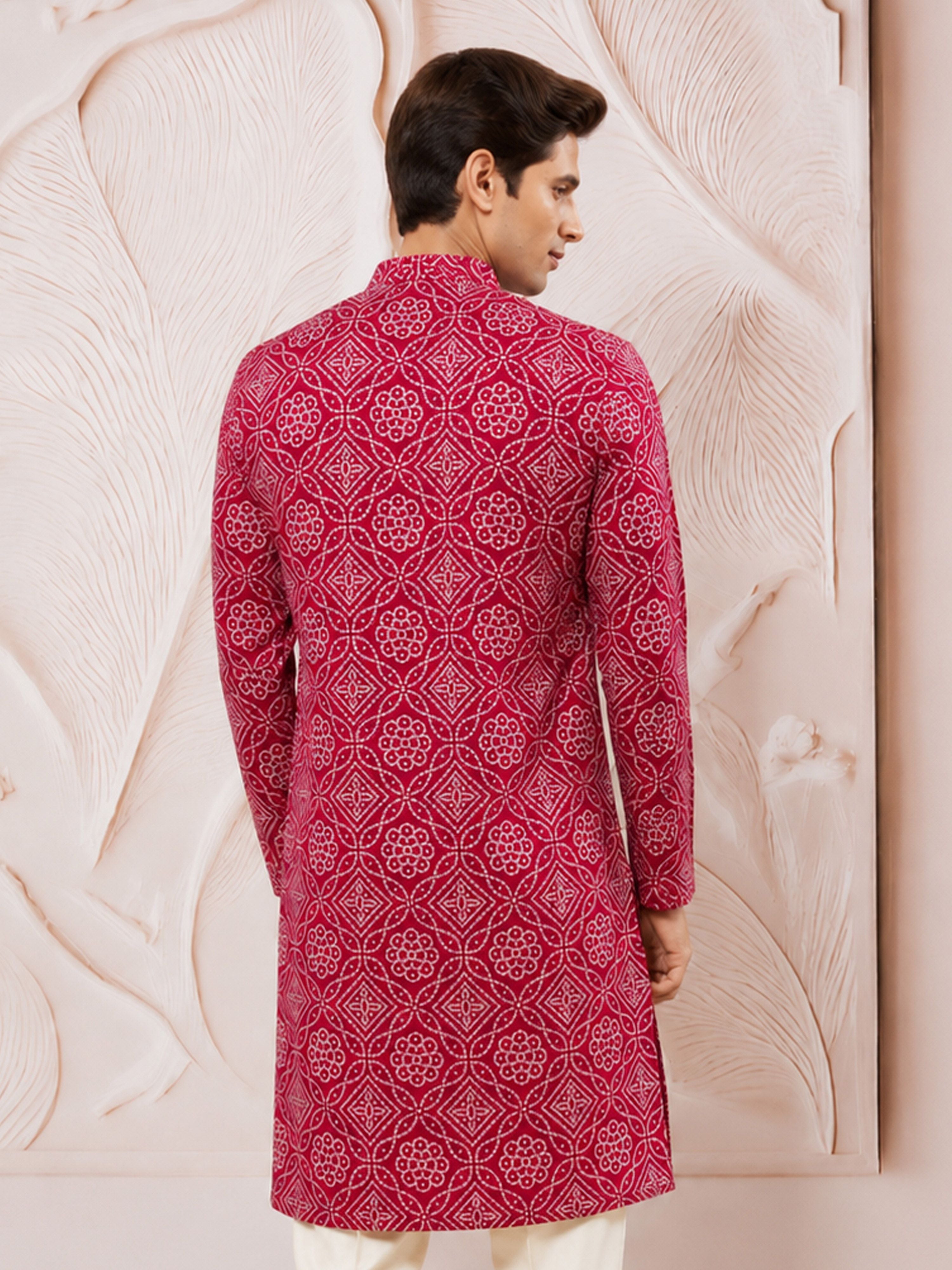 Men's Purple Rayon Foil Print Knee Length Kurta