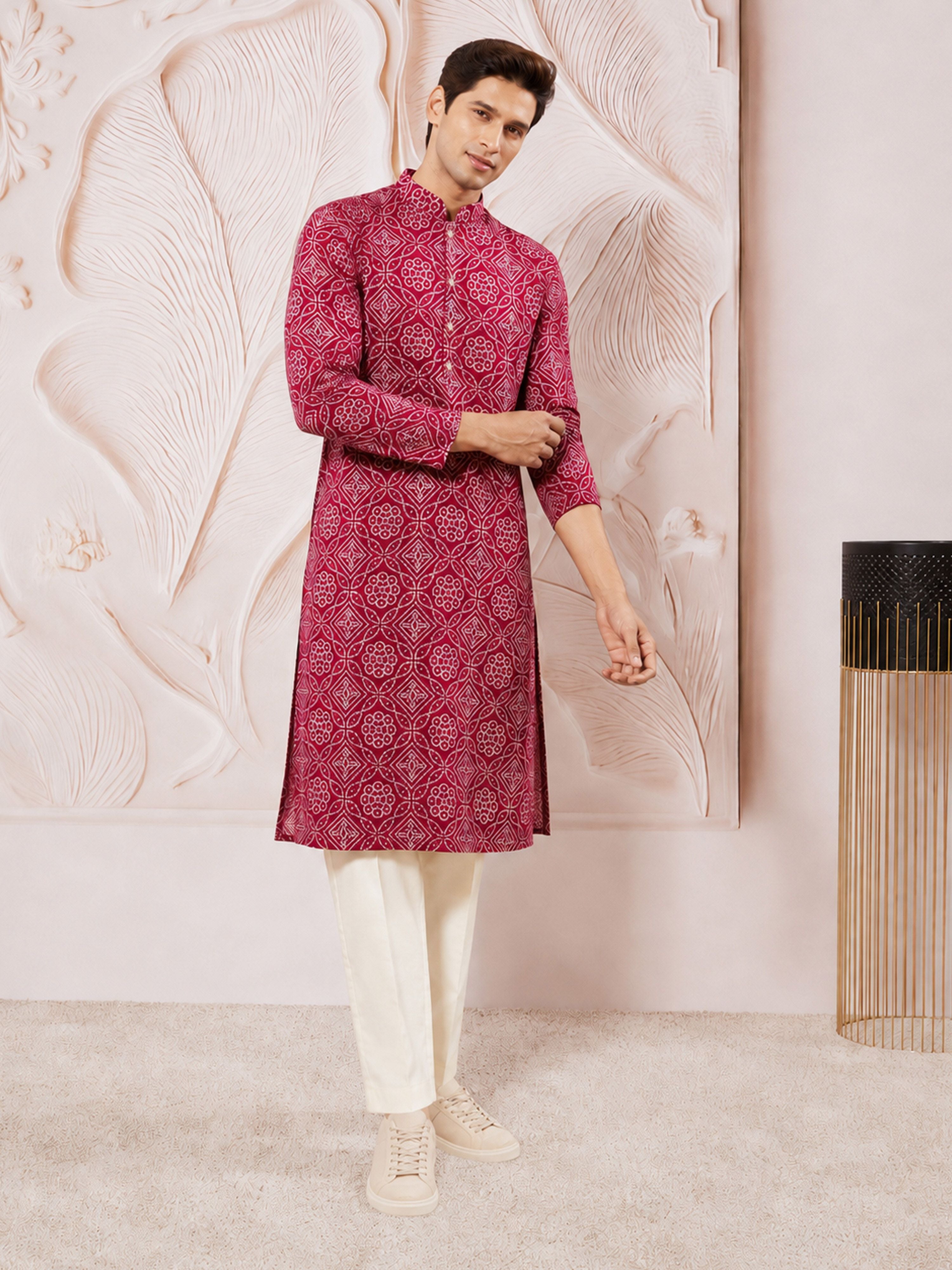 Men's Purple Rayon Digital Print Knee Length Kurta with Pyjama
