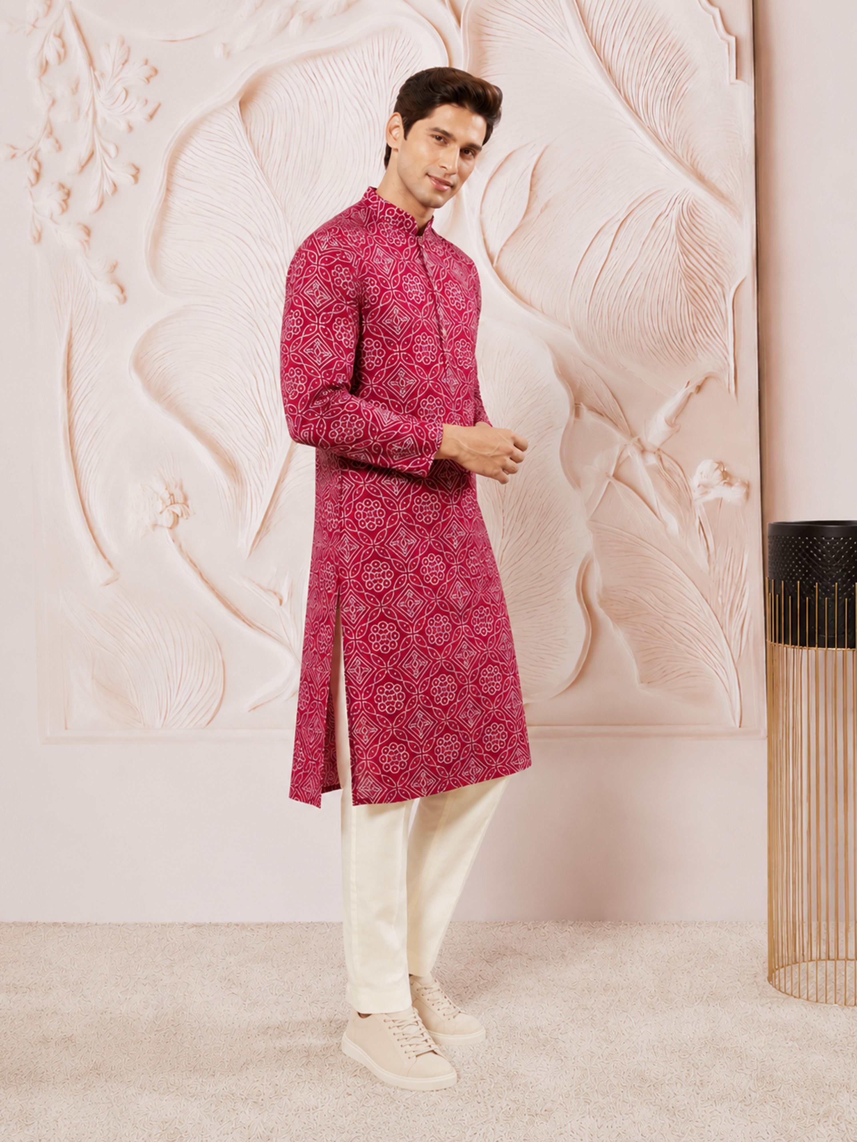 Men's Purple Rayon Digital Print Knee Length Kurta with Pyjama