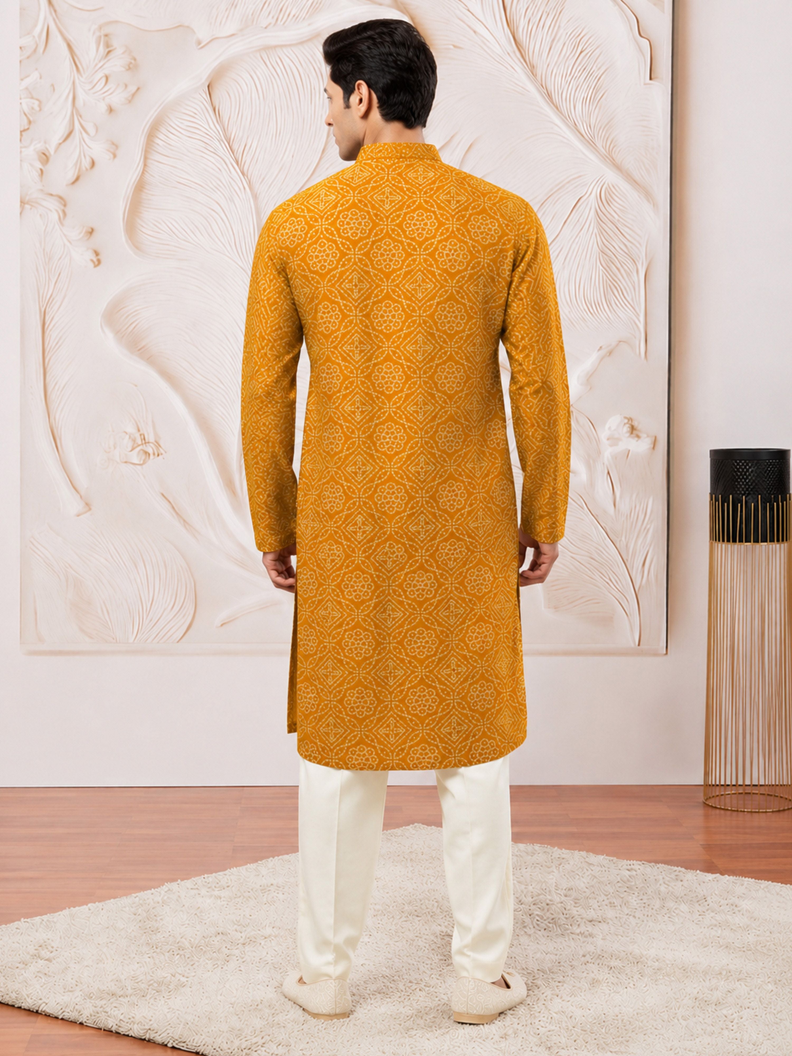 Men's Mustard Rayon Digital Print Knee Length Kurta with Pyjama