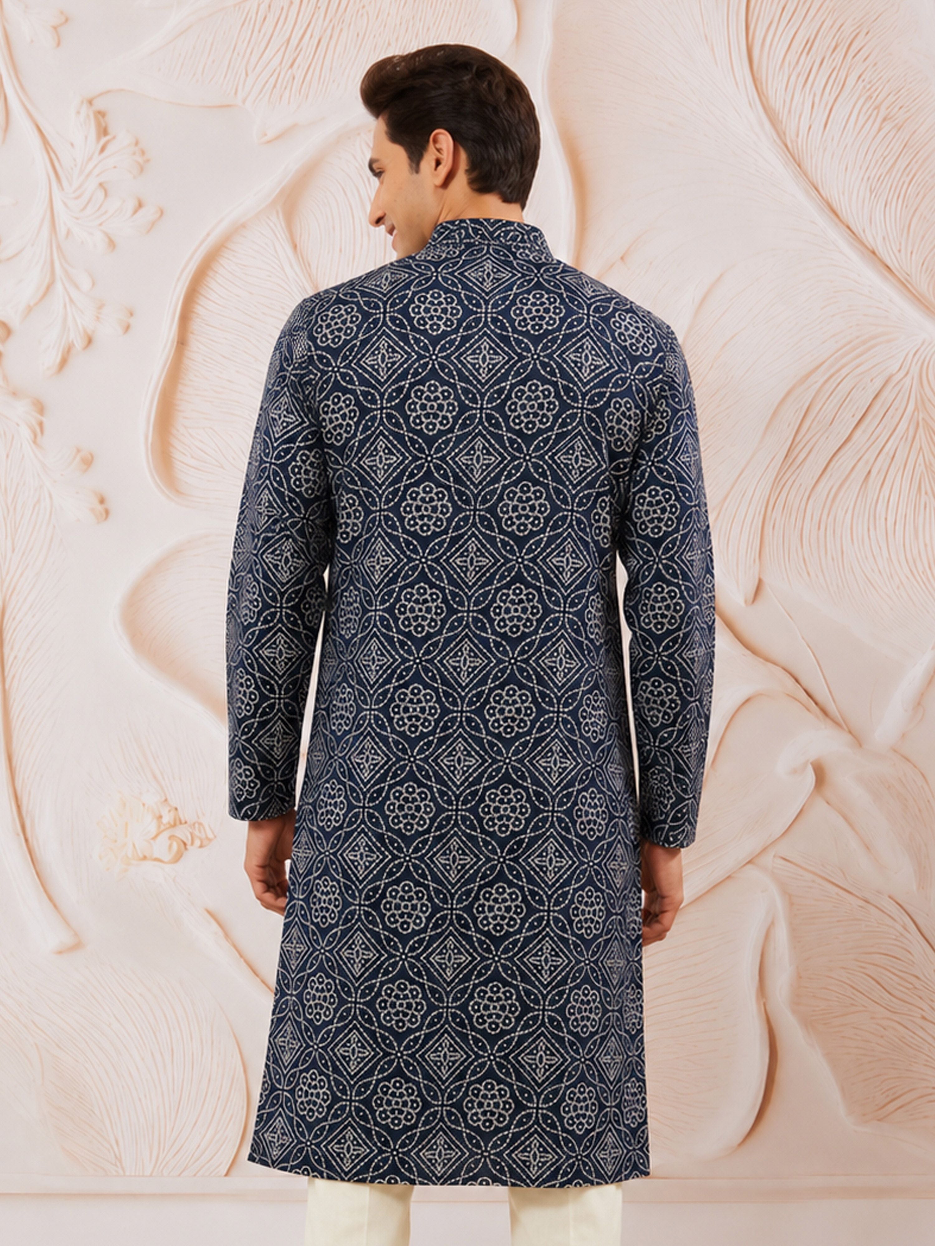Men's Navy Blue Rayon Digital Print Knee Length Kurta