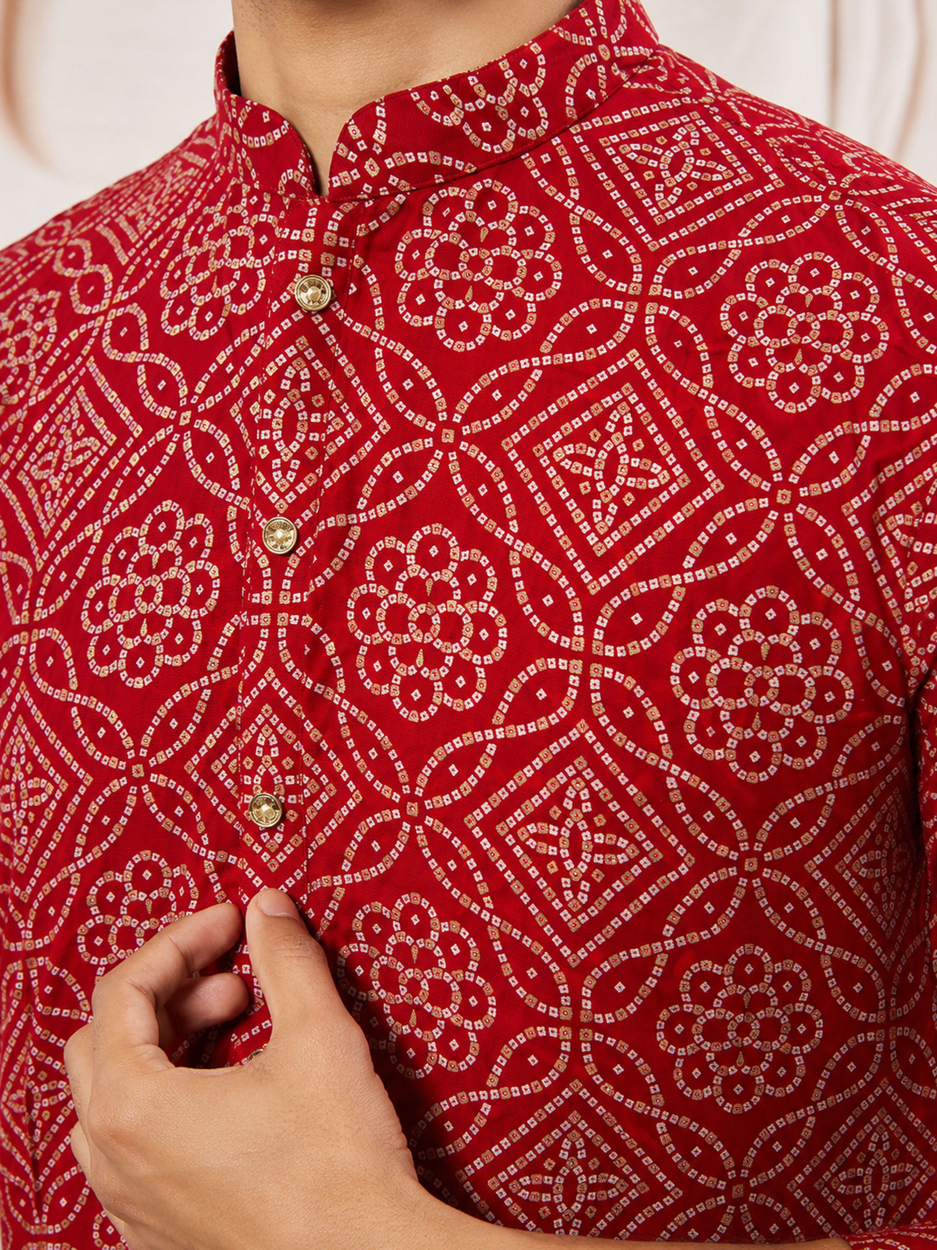 Men's Red Rayon Digital Print Knee Length Kurta with Pyjama