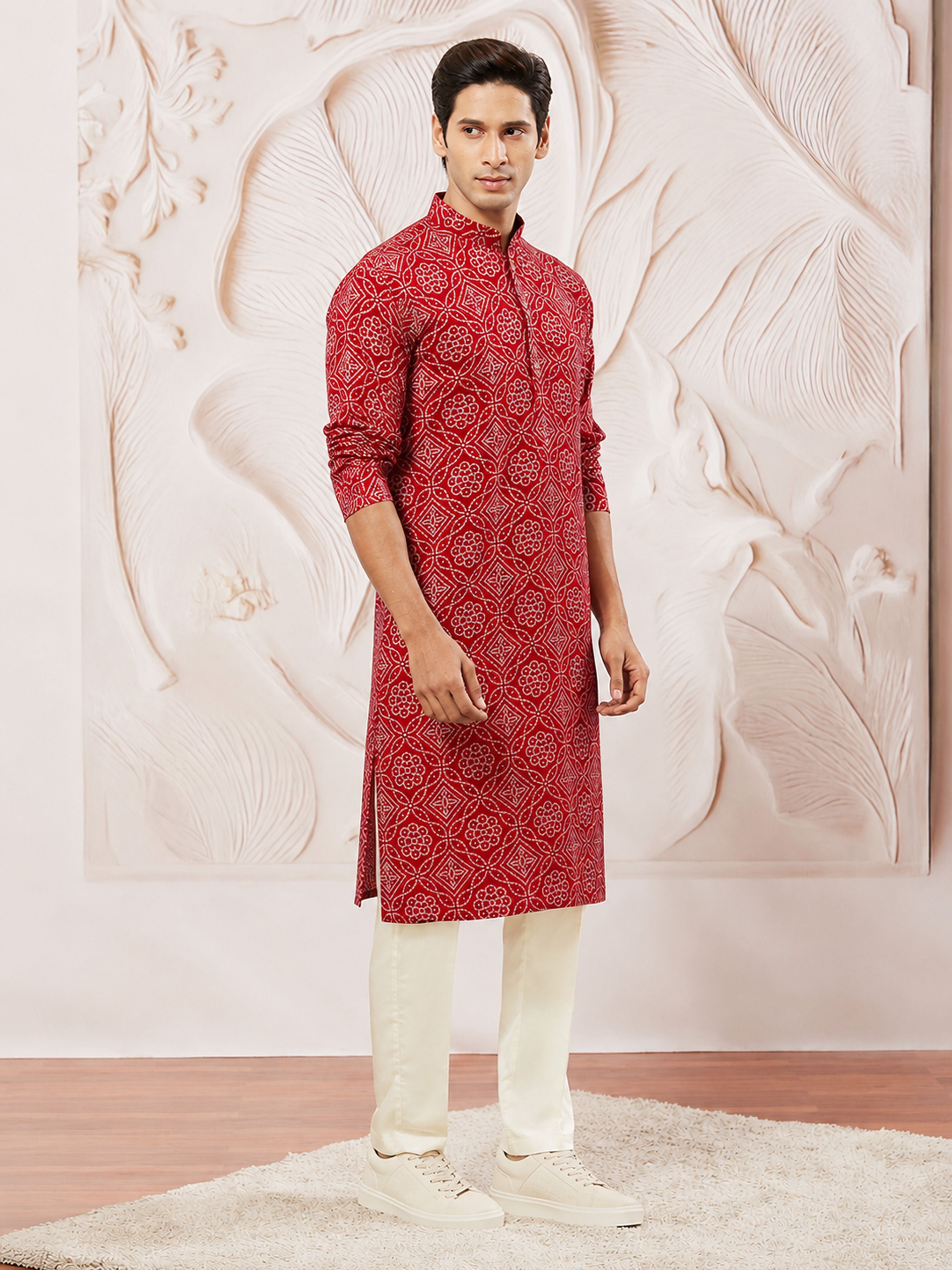 Men's Red Rayon Digital Print Knee Length Kurta with Pyjama