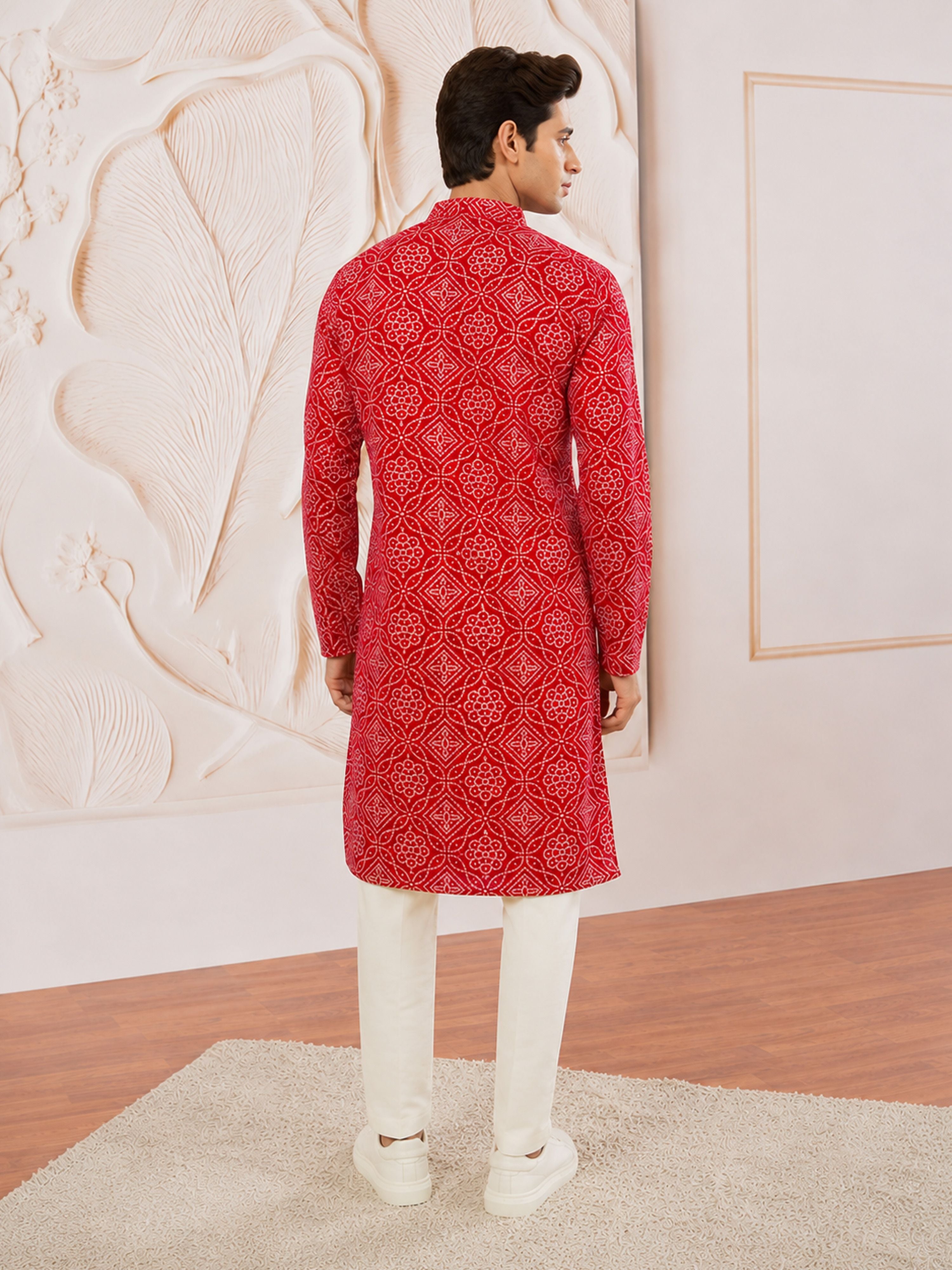 Men's Red Rayon Digital Print Knee Length Kurta with Pyjama