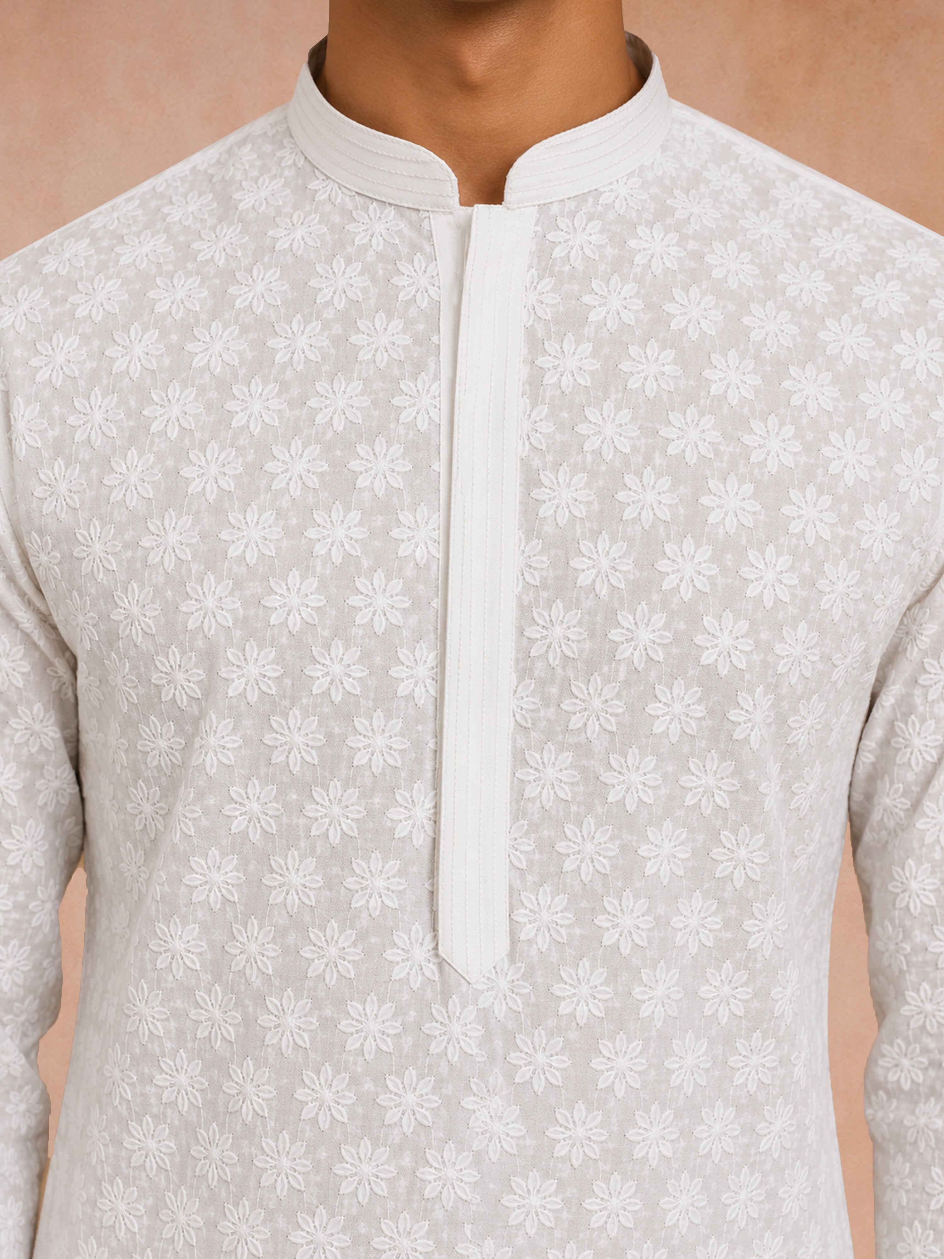 Men White Cotton Chikankari Floral Embroidered Long Kurta