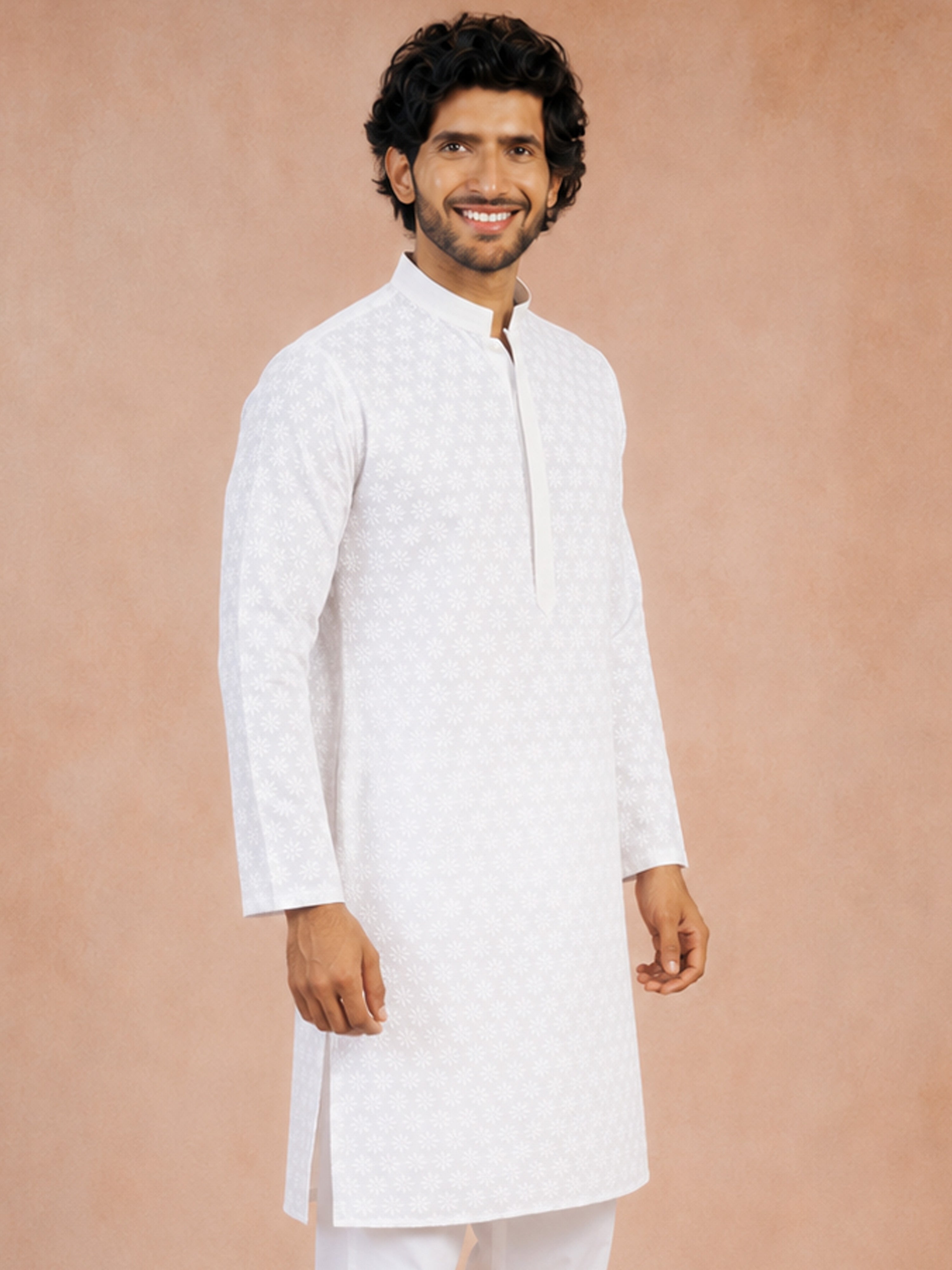 Men White Cotton Chikankari Floral Embroidered Long Kurta