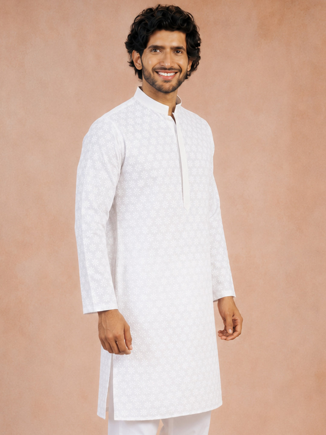 Men White Cotton Chikankari Floral Embroidered Long Kurta