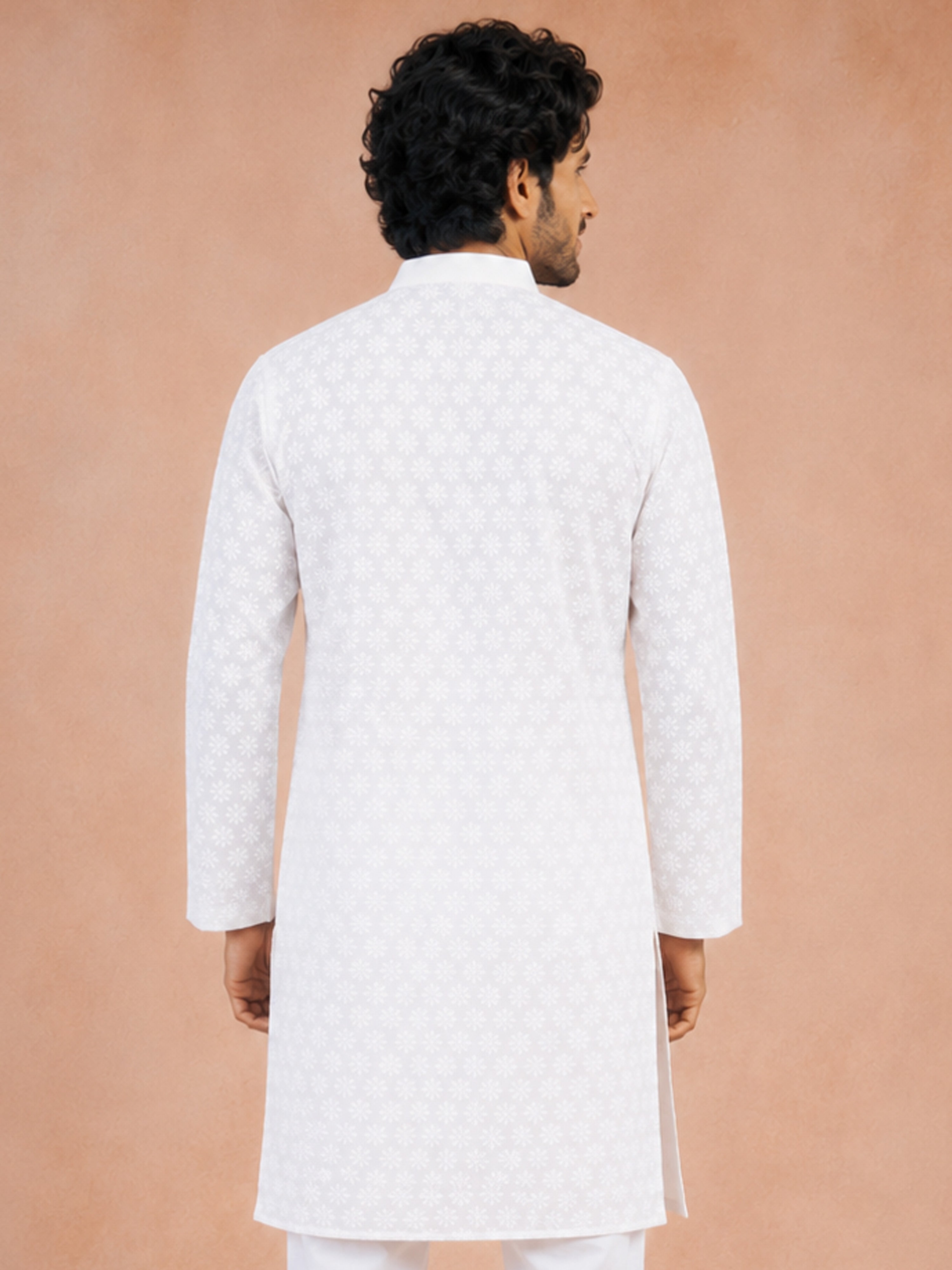 Men White Cotton Chikankari Floral Embroidered Long Kurta