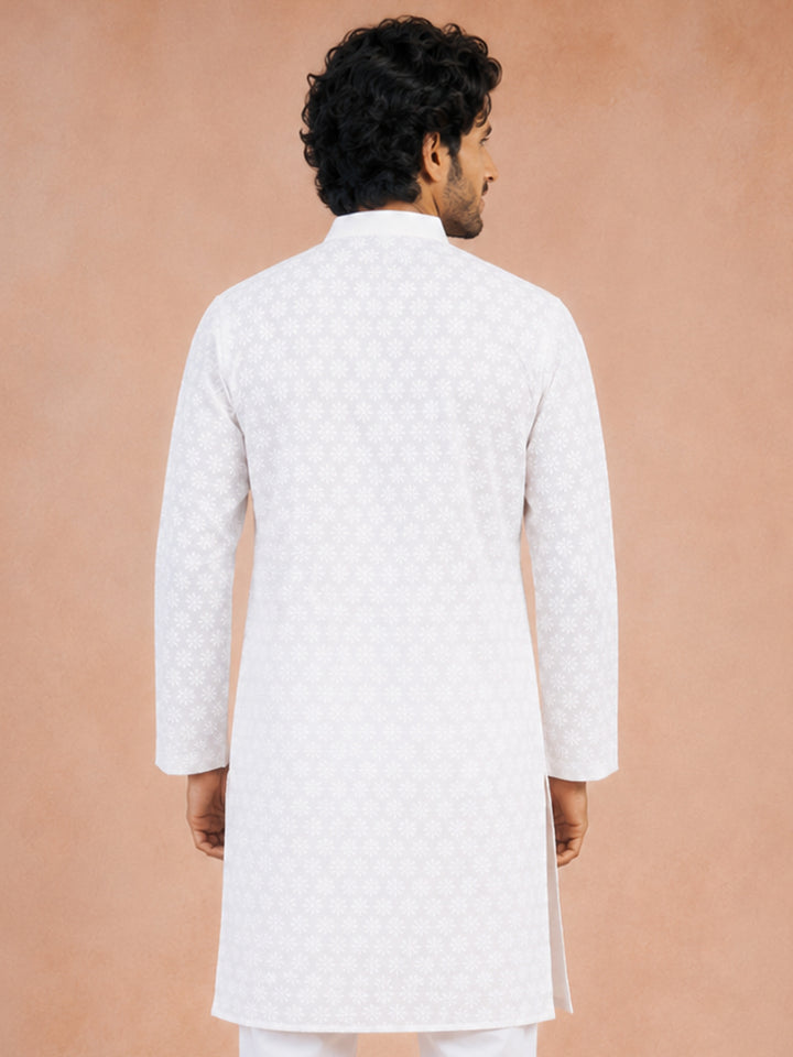 Men White Cotton Chikankari Floral Embroidered Long Kurta