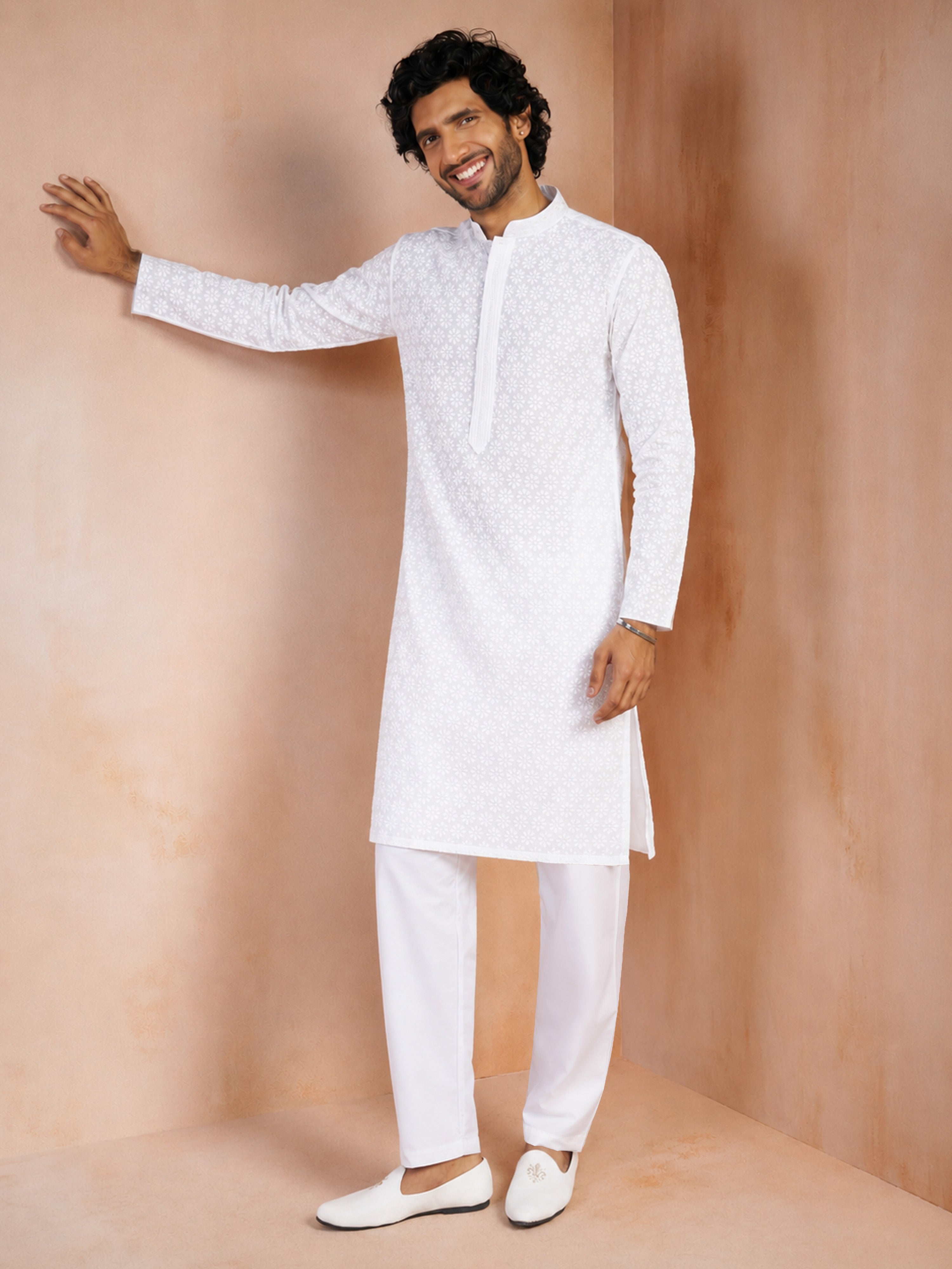 Men White Cotton Chikankari Floral Embroidered Long Kurta