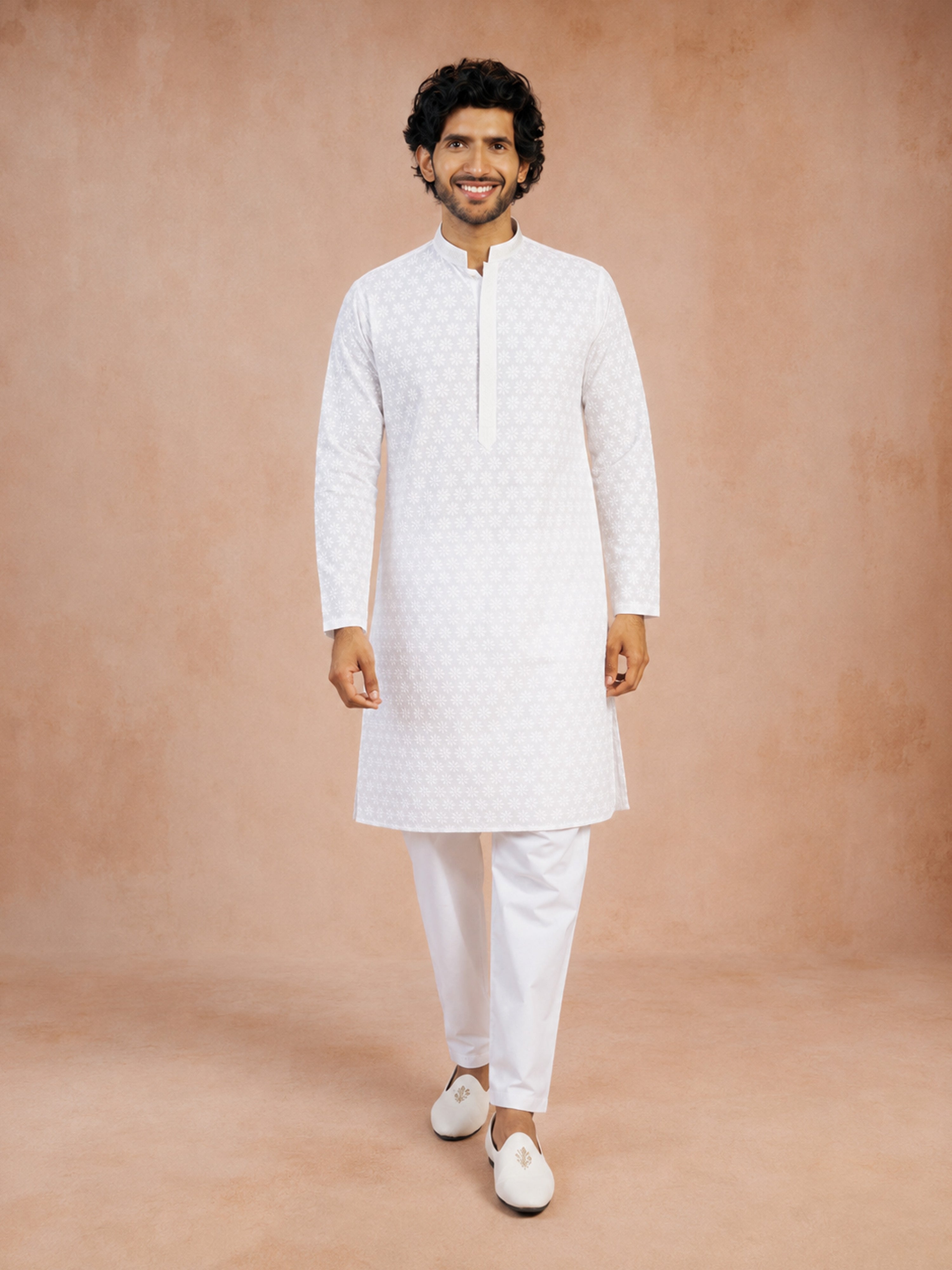 Men White Chikankari Cotton Kurta with Pyjama Set