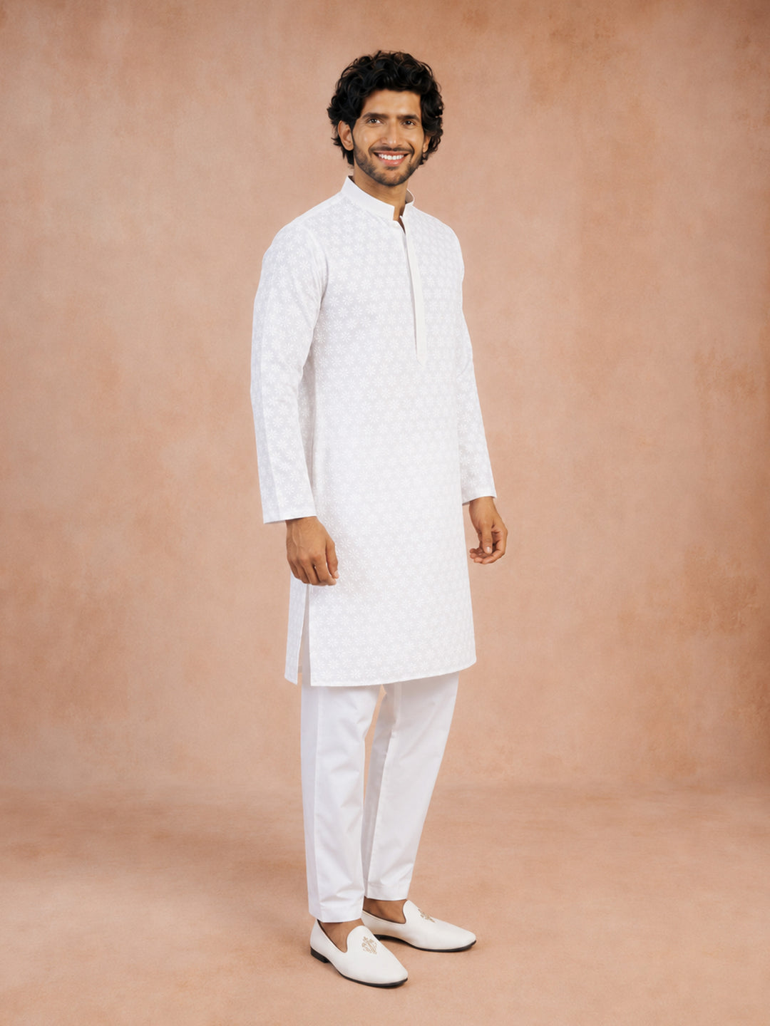 Men White Chikankari Cotton Kurta with Pyjama Set