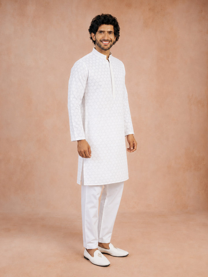 Men White Chikankari Cotton Kurta with Pyjama Set