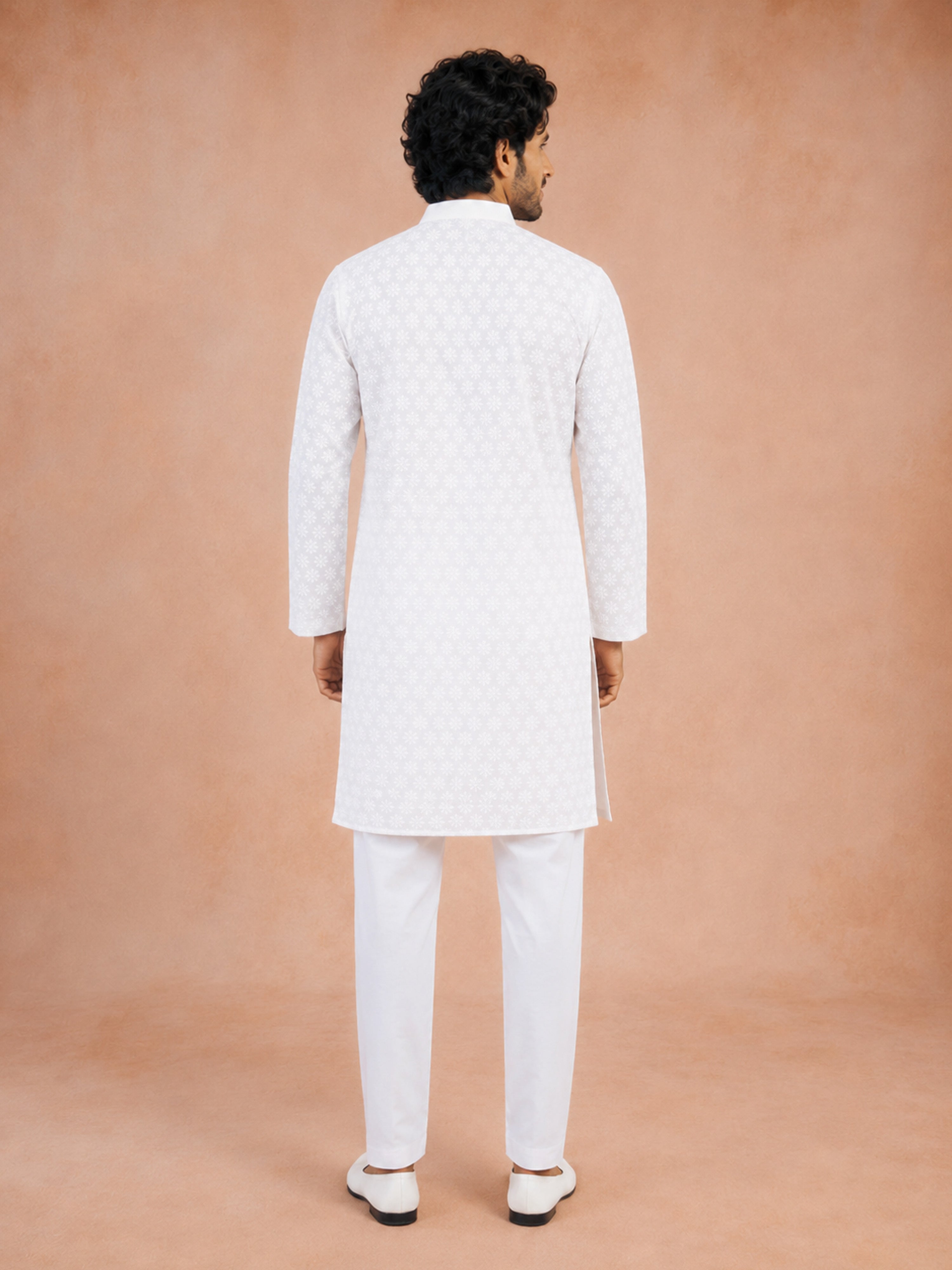 Men White Chikankari Cotton Kurta with Pyjama Set